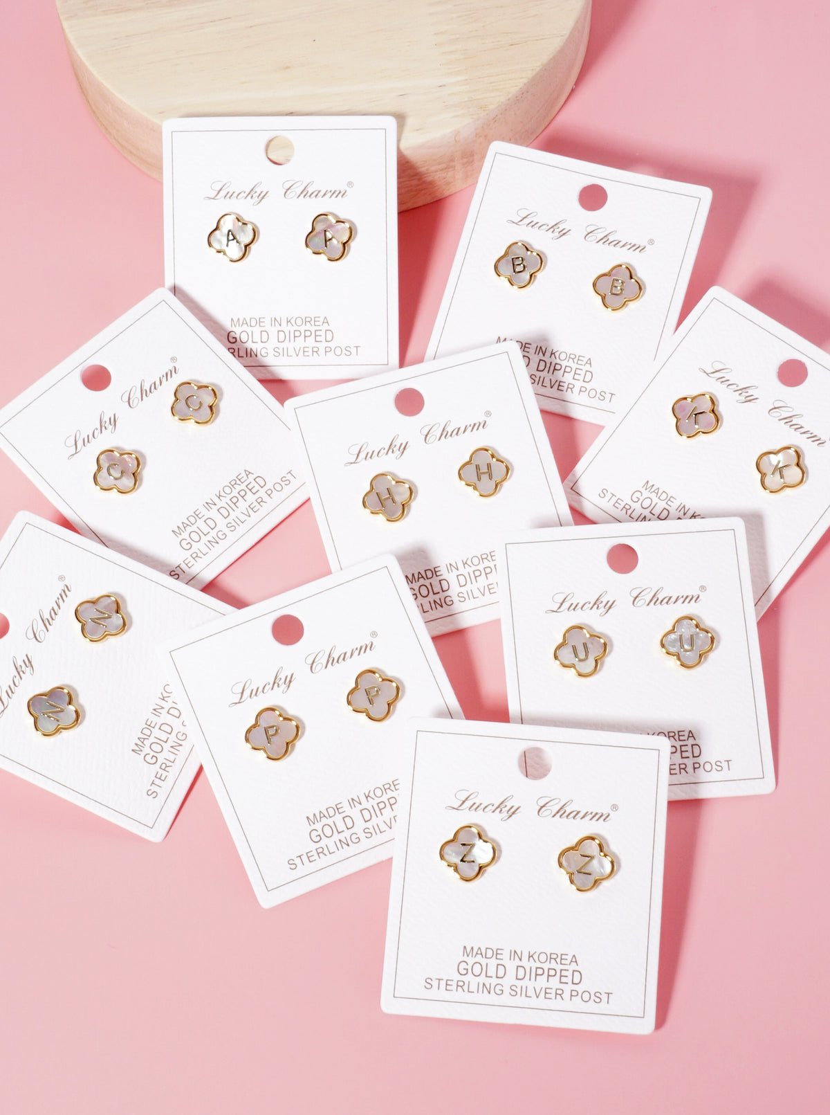 11mm 18K-Gold-Dipped Brass Mother-of-Pearl Quatrefoil Initial Monogram Stud Earrings