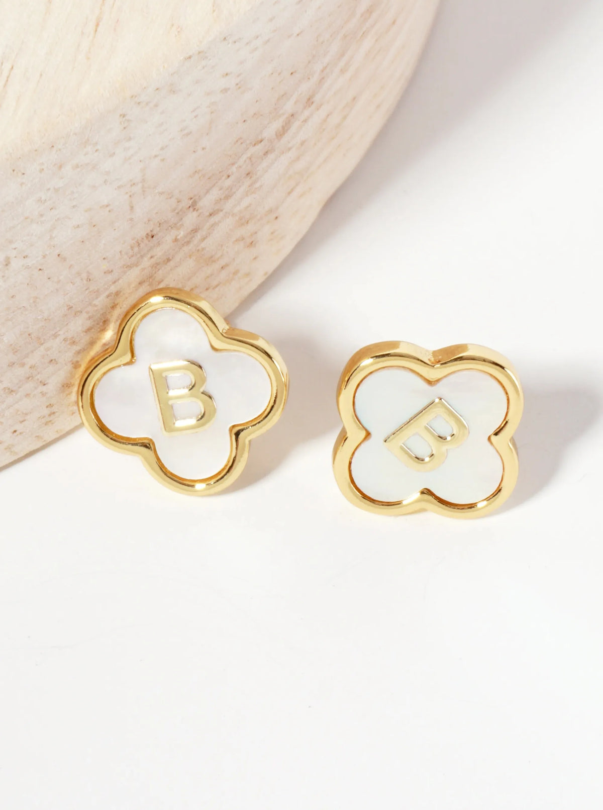 11mm 18K-Gold-Dipped Brass Mother-of-Pearl Quatrefoil Initial Monogram Stud Earrings