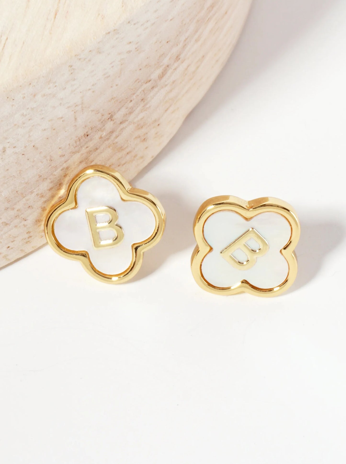 11mm 18K-Gold-Dipped Brass Mother-of-Pearl Quatrefoil Initial Monogram Stud Earrings