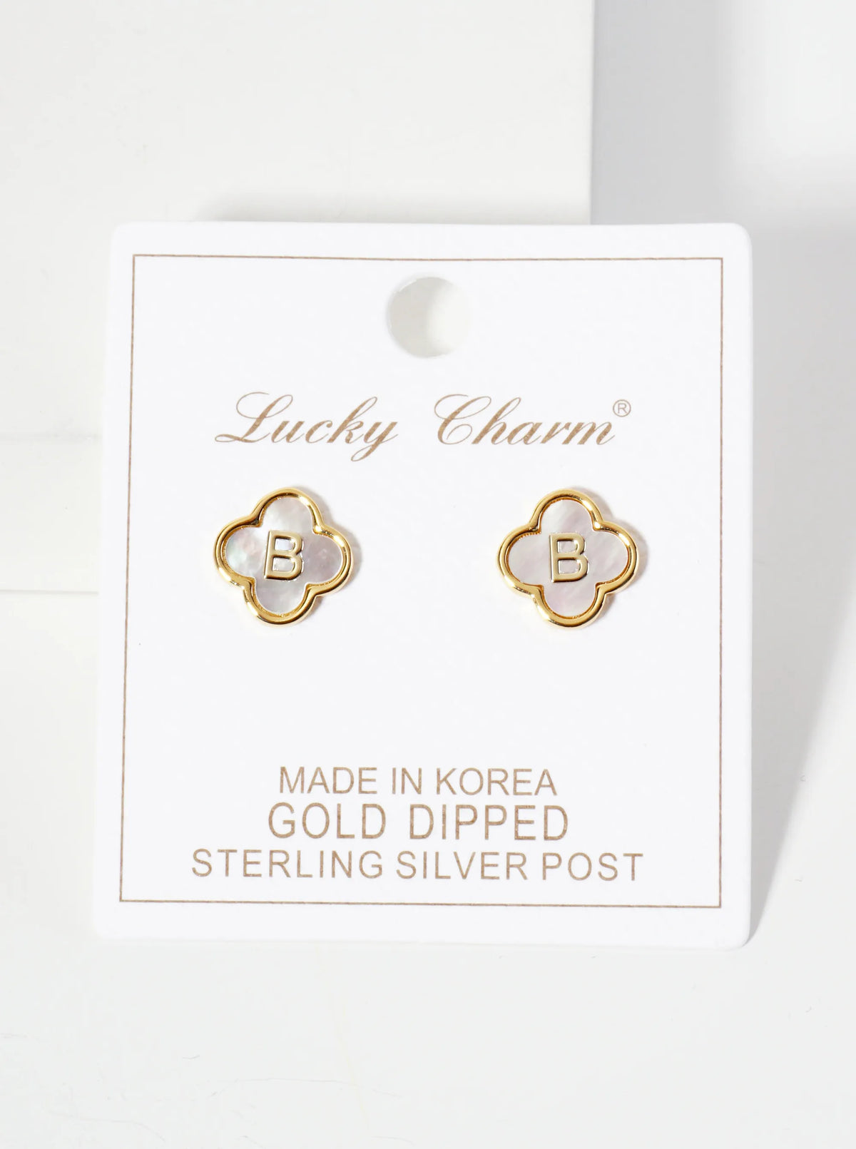11mm 18K-Gold-Dipped Brass Mother-of-Pearl Quatrefoil Initial Monogram Stud Earrings