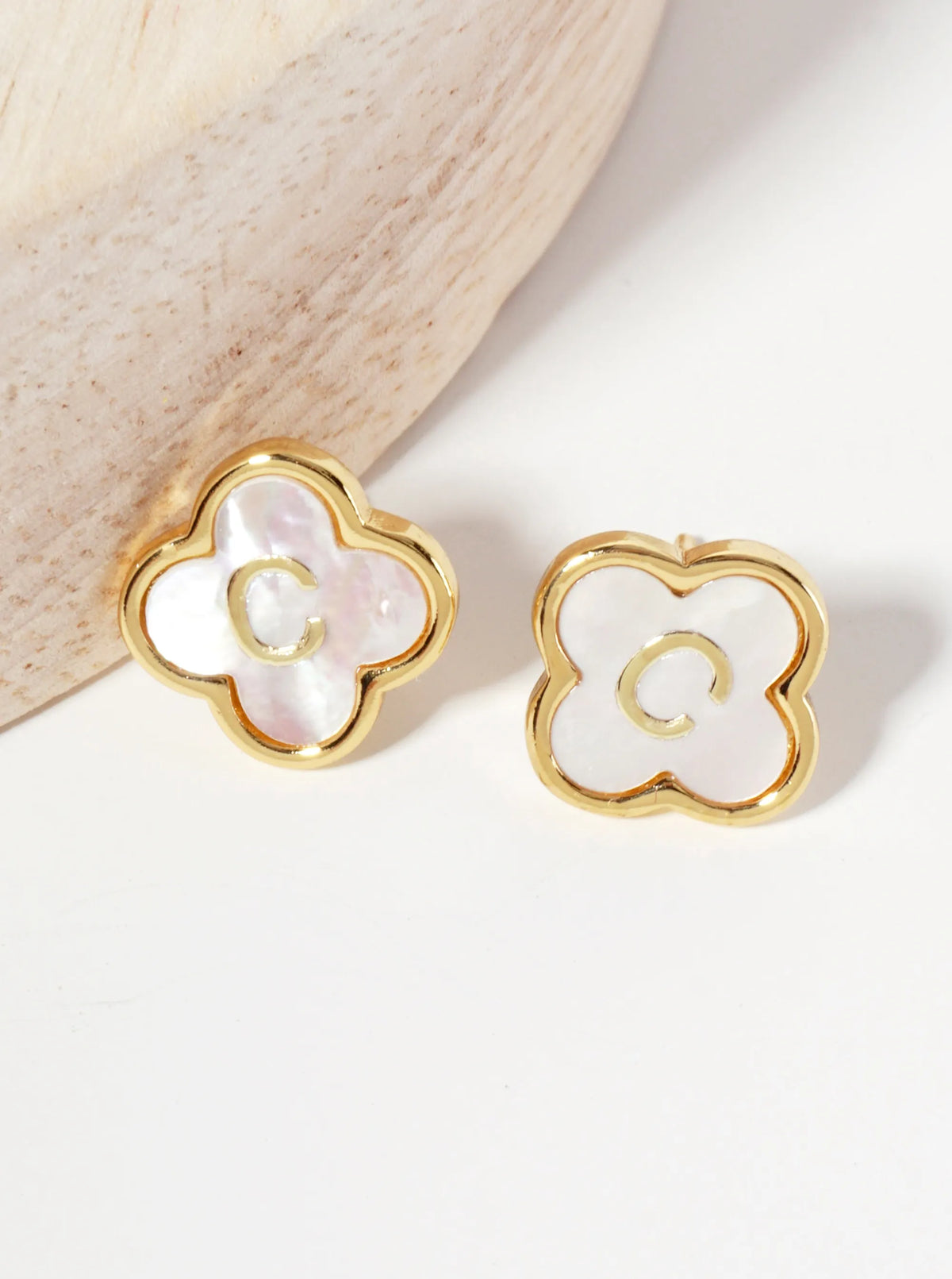 11mm 18K-Gold-Dipped Brass Mother-of-Pearl Quatrefoil Initial Monogram Stud Earrings