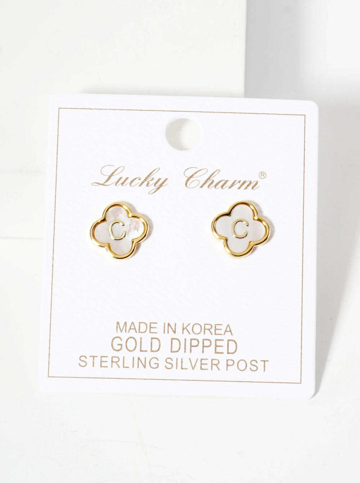 11mm 18K-Gold-Dipped Brass Mother-of-Pearl Quatrefoil Initial Monogram Stud Earrings