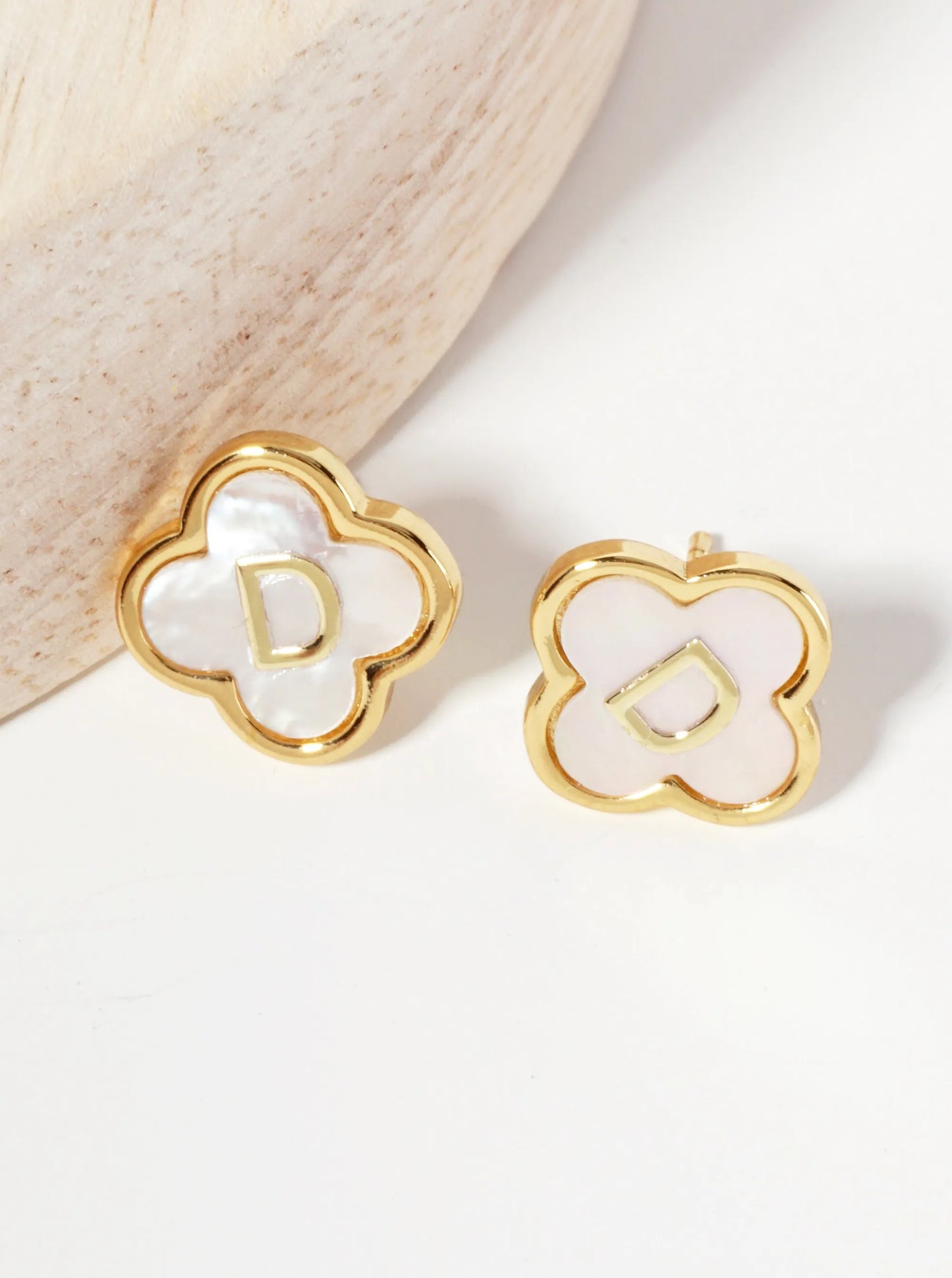 11mm 18K-Gold-Dipped Brass Mother-of-Pearl Quatrefoil Initial Monogram Stud Earrings