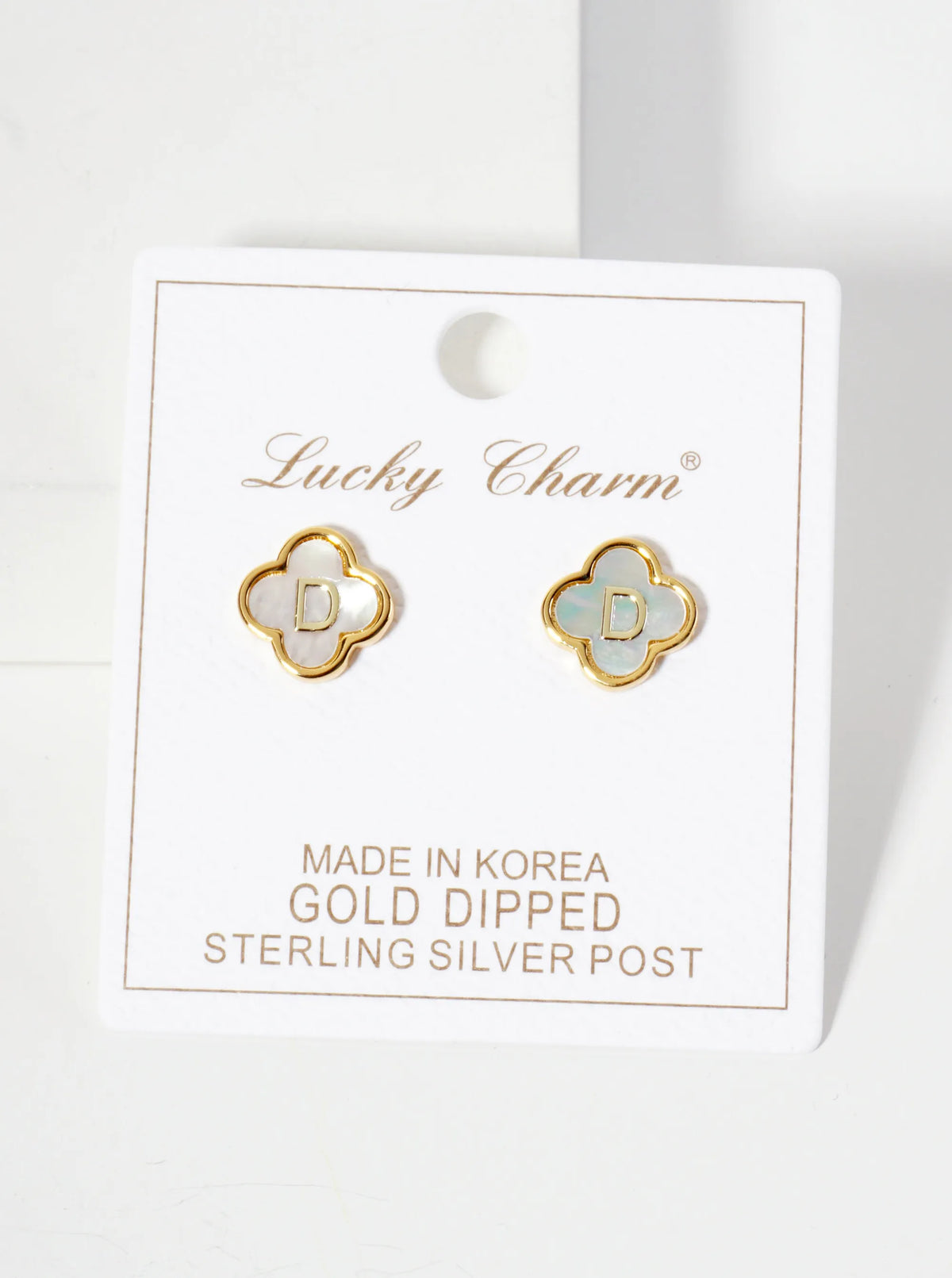 11mm 18K-Gold-Dipped Brass Mother-of-Pearl Quatrefoil Initial Monogram Stud Earrings