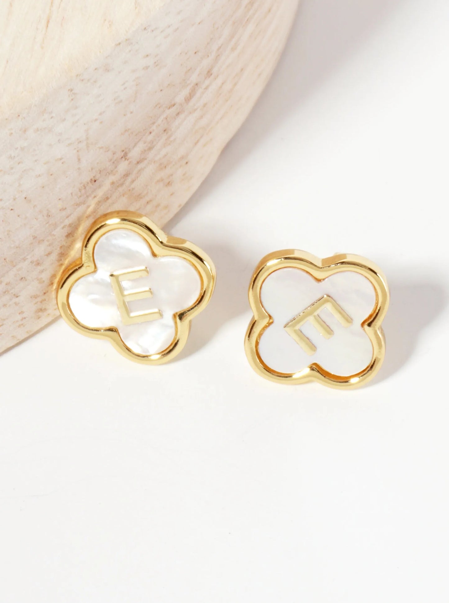 11mm 18K-Gold-Dipped Brass Mother-of-Pearl Quatrefoil Initial Monogram Stud Earrings