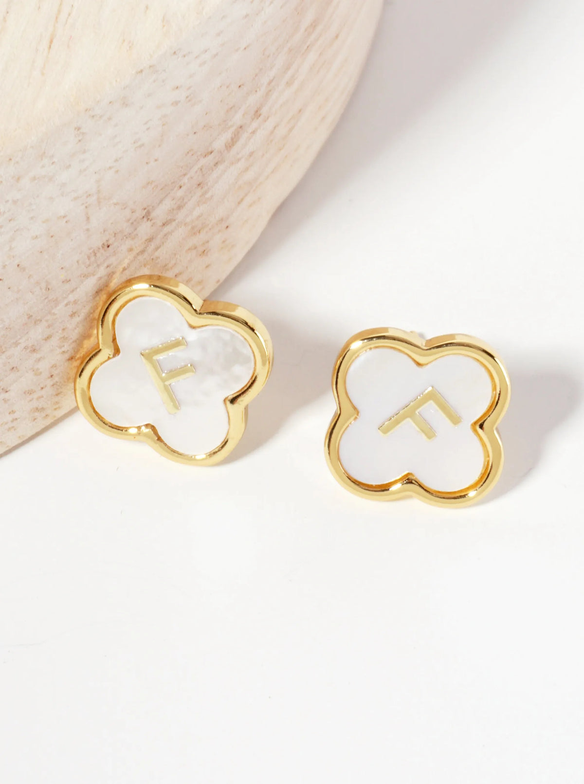 11mm 18K-Gold-Dipped Brass Mother-of-Pearl Quatrefoil Initial Monogram Stud Earrings