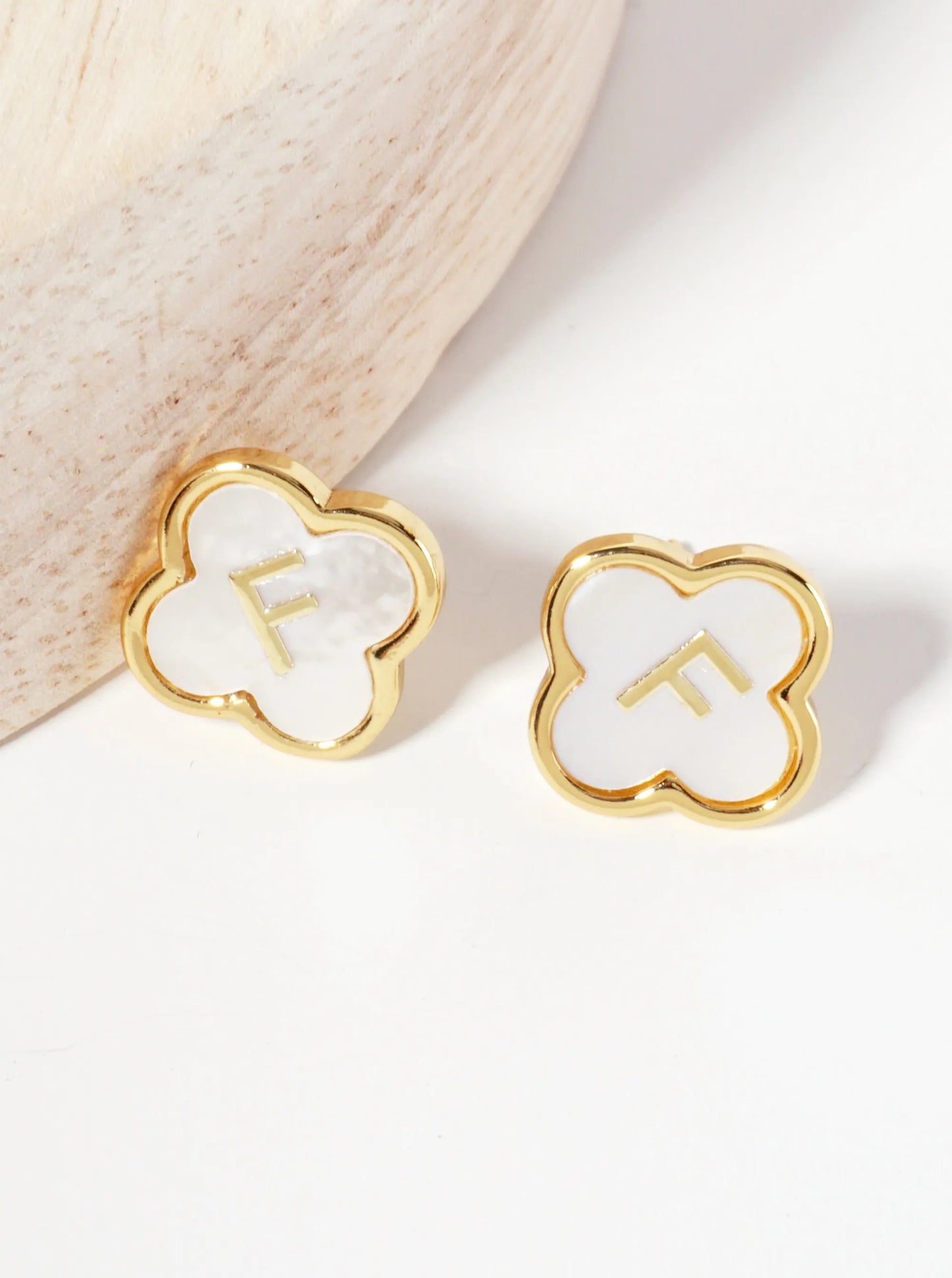 11mm 18K-Gold-Dipped Brass Mother-of-Pearl Quatrefoil Initial Monogram Stud Earrings