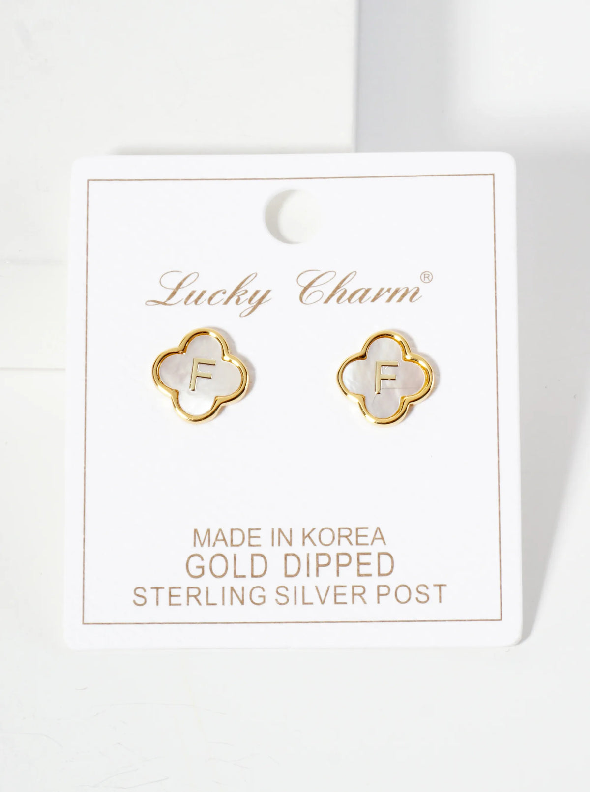 11mm 18K-Gold-Dipped Brass Mother-of-Pearl Quatrefoil Initial Monogram Stud Earrings