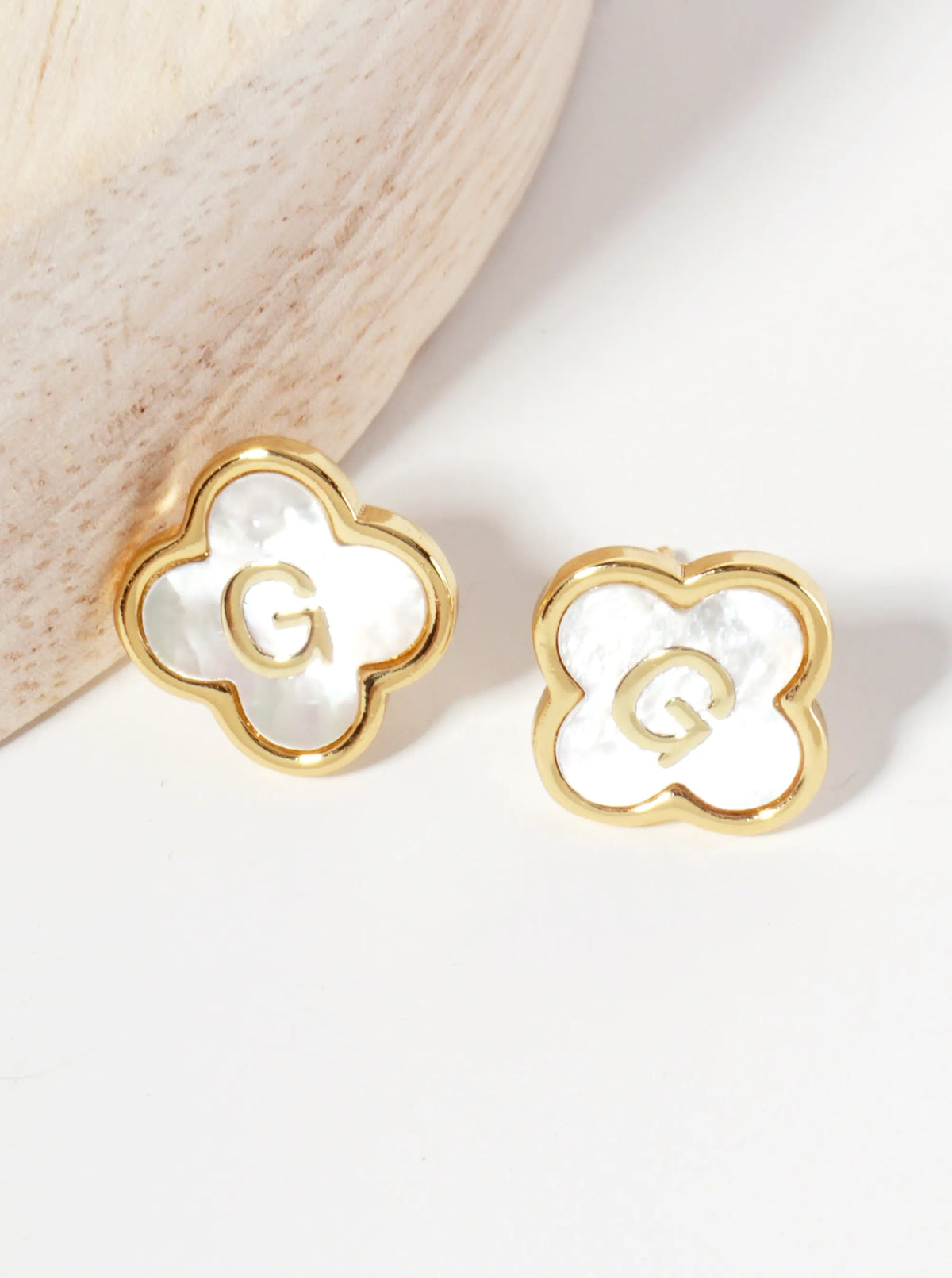 11mm 18K-Gold-Dipped Brass Mother-of-Pearl Quatrefoil Initial Monogram Stud Earrings