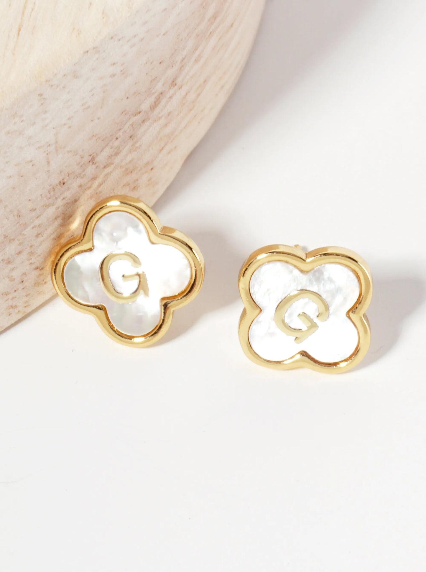 11mm 18K-Gold-Dipped Brass Mother-of-Pearl Quatrefoil Initial Monogram Stud Earrings
