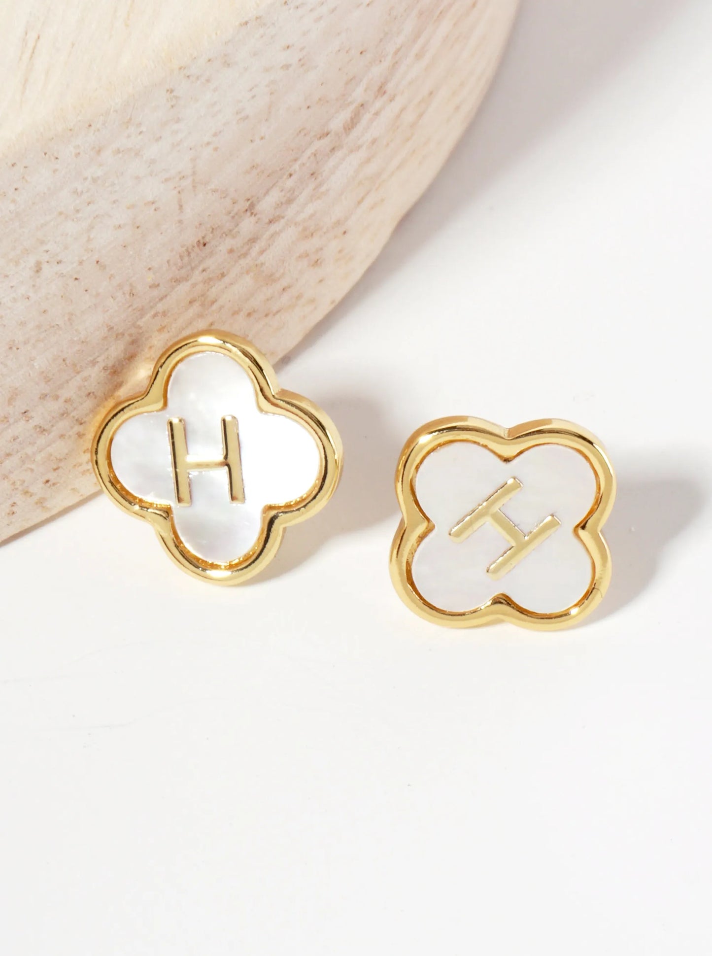 11mm 18K-Gold-Dipped Brass Mother-of-Pearl Quatrefoil Initial Monogram Stud Earrings