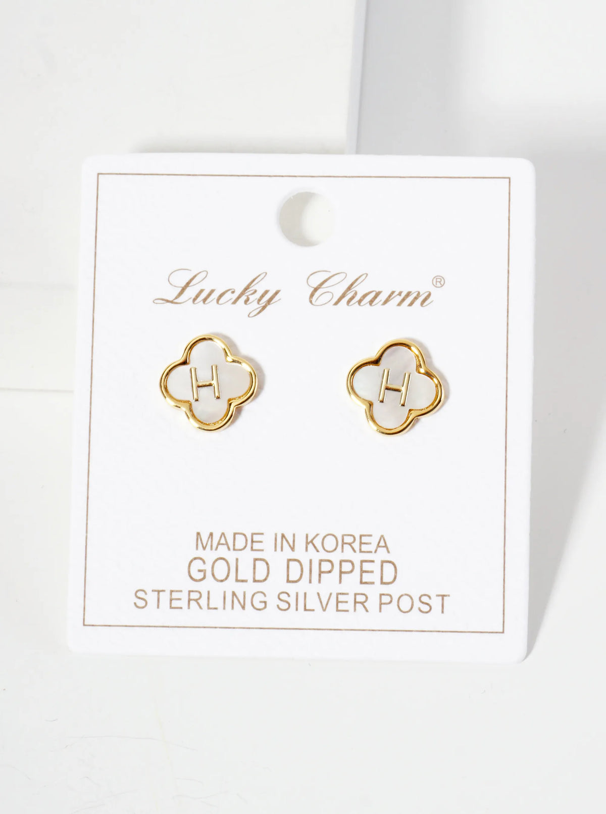 11mm 18K-Gold-Dipped Brass Mother-of-Pearl Quatrefoil Initial Monogram Stud Earrings