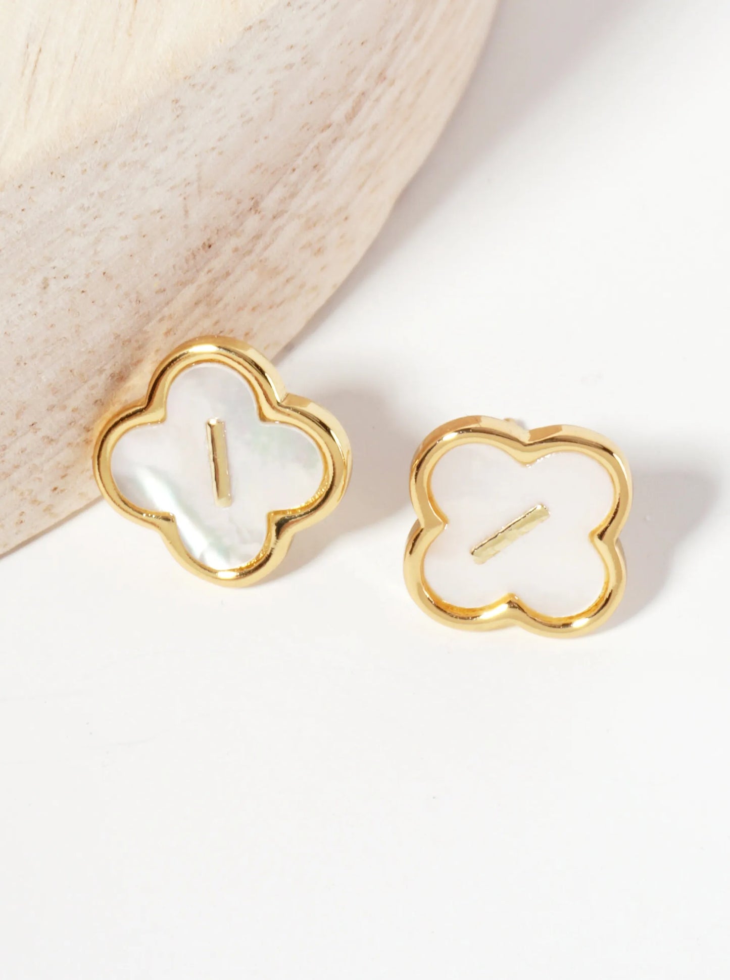 11mm 18K-Gold-Dipped Brass Mother-of-Pearl Quatrefoil Initial Monogram Stud Earrings