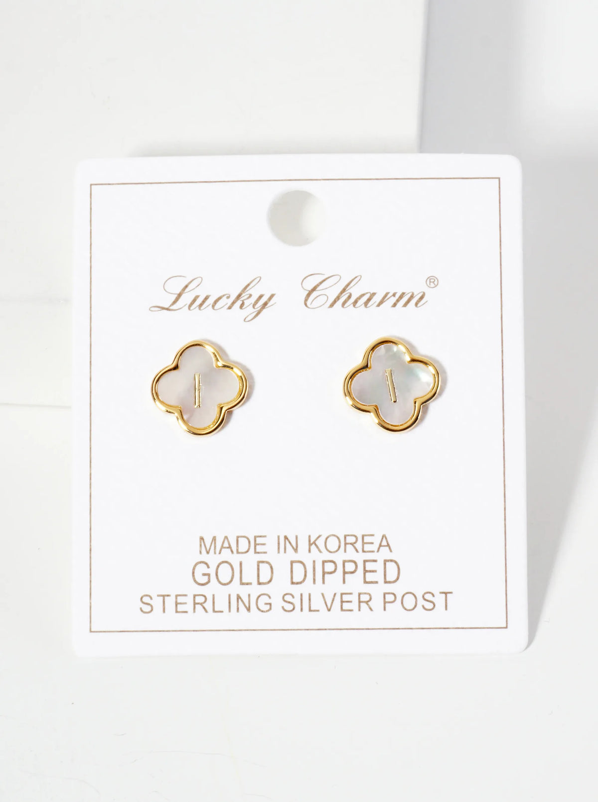 11mm 18K-Gold-Dipped Brass Mother-of-Pearl Quatrefoil Initial Monogram Stud Earrings