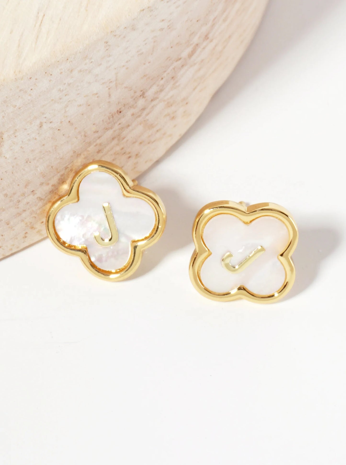 11mm 18K-Gold-Dipped Brass Mother-of-Pearl Quatrefoil Initial Monogram Stud Earrings