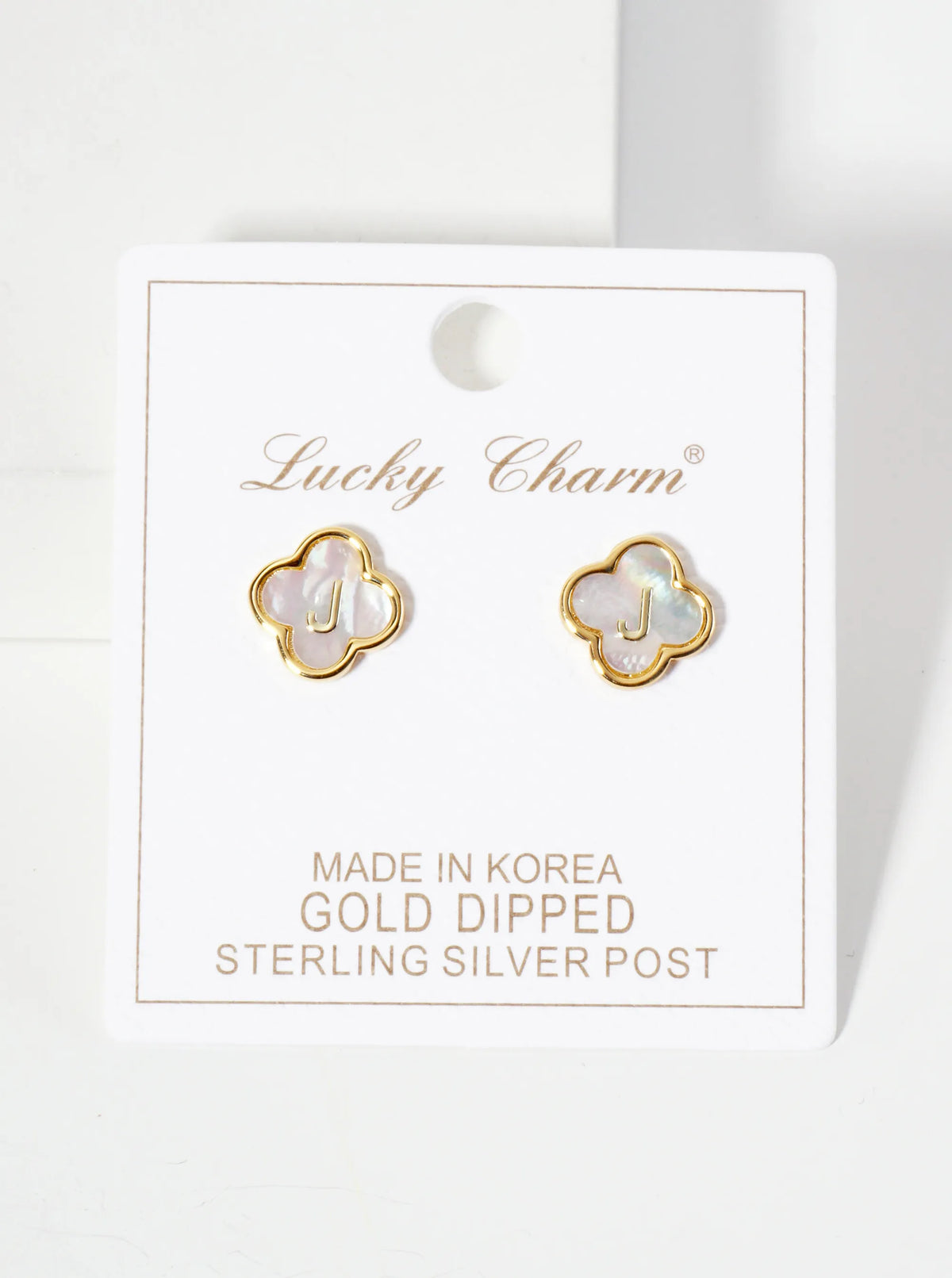 11mm 18K-Gold-Dipped Brass Mother-of-Pearl Quatrefoil Initial Monogram Stud Earrings