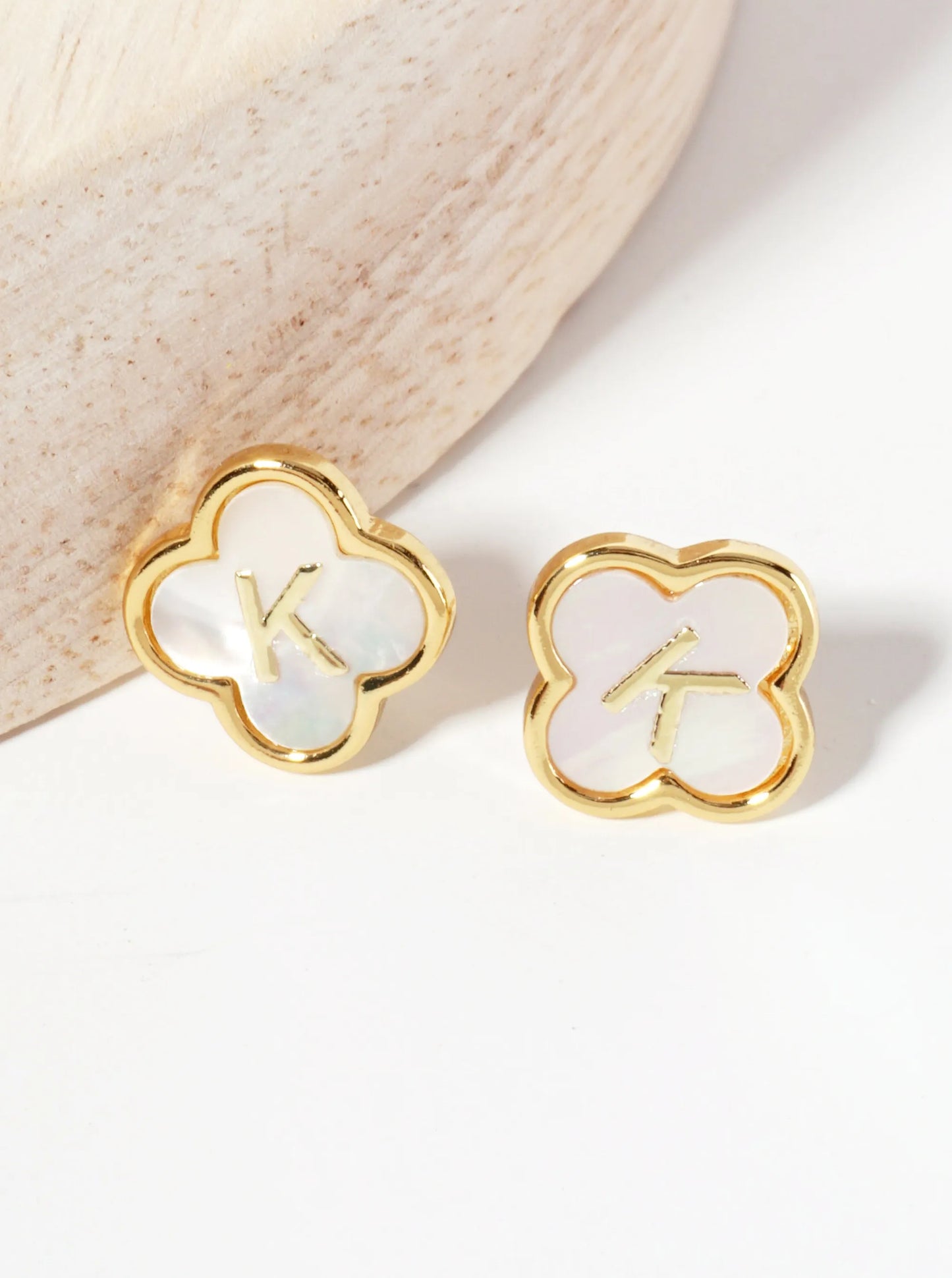 11mm 18K-Gold-Dipped Brass Mother-of-Pearl Quatrefoil Initial Monogram Stud Earrings