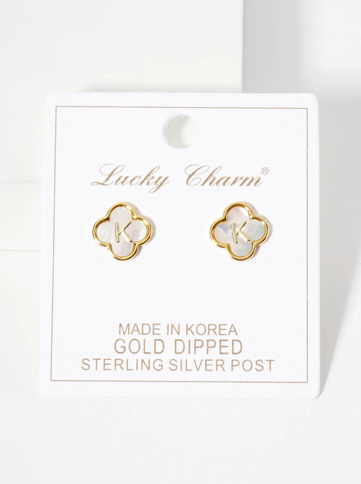 11mm 18K-Gold-Dipped Brass Mother-of-Pearl Quatrefoil Initial Monogram Stud Earrings