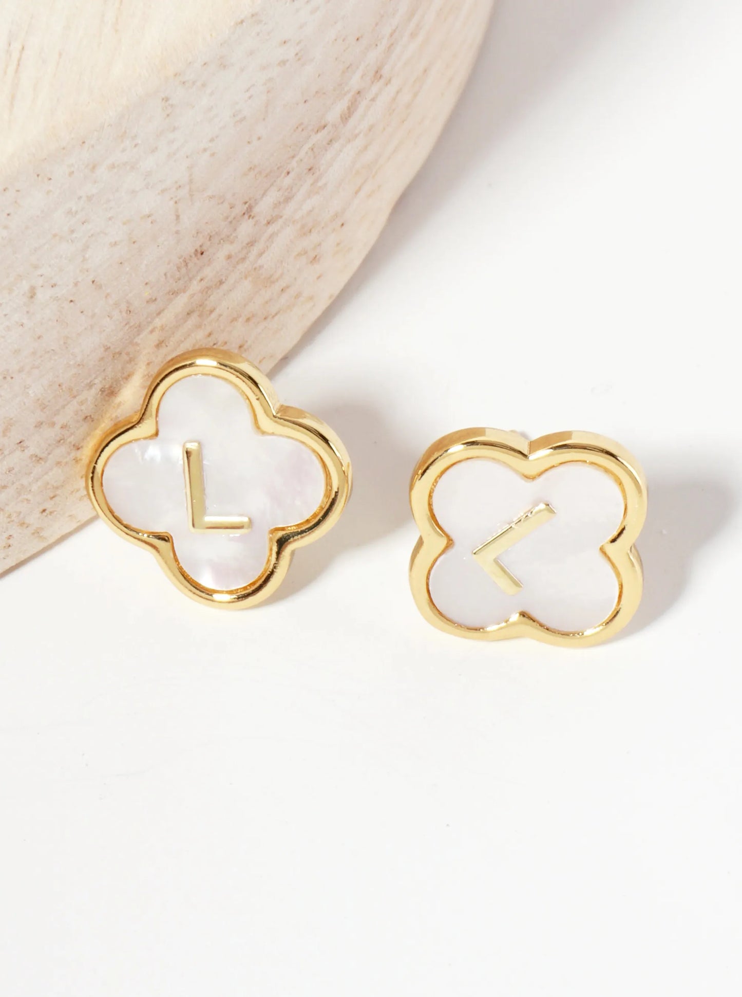 11mm 18K-Gold-Dipped Brass Mother-of-Pearl Quatrefoil Initial Monogram Stud Earrings