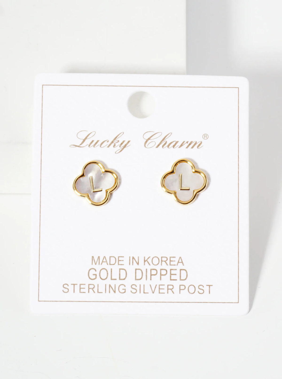 11mm 18K-Gold-Dipped Brass Mother-of-Pearl Quatrefoil Initial Monogram Stud Earrings