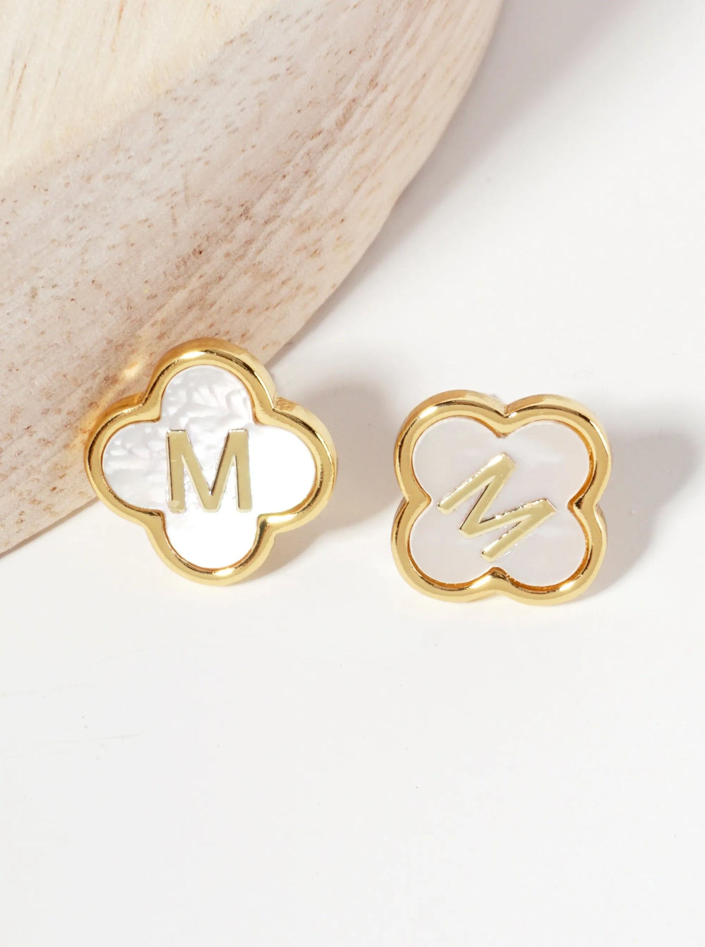 11mm 18K-Gold-Dipped Brass Mother-of-Pearl Quatrefoil Initial Monogram Stud Earrings