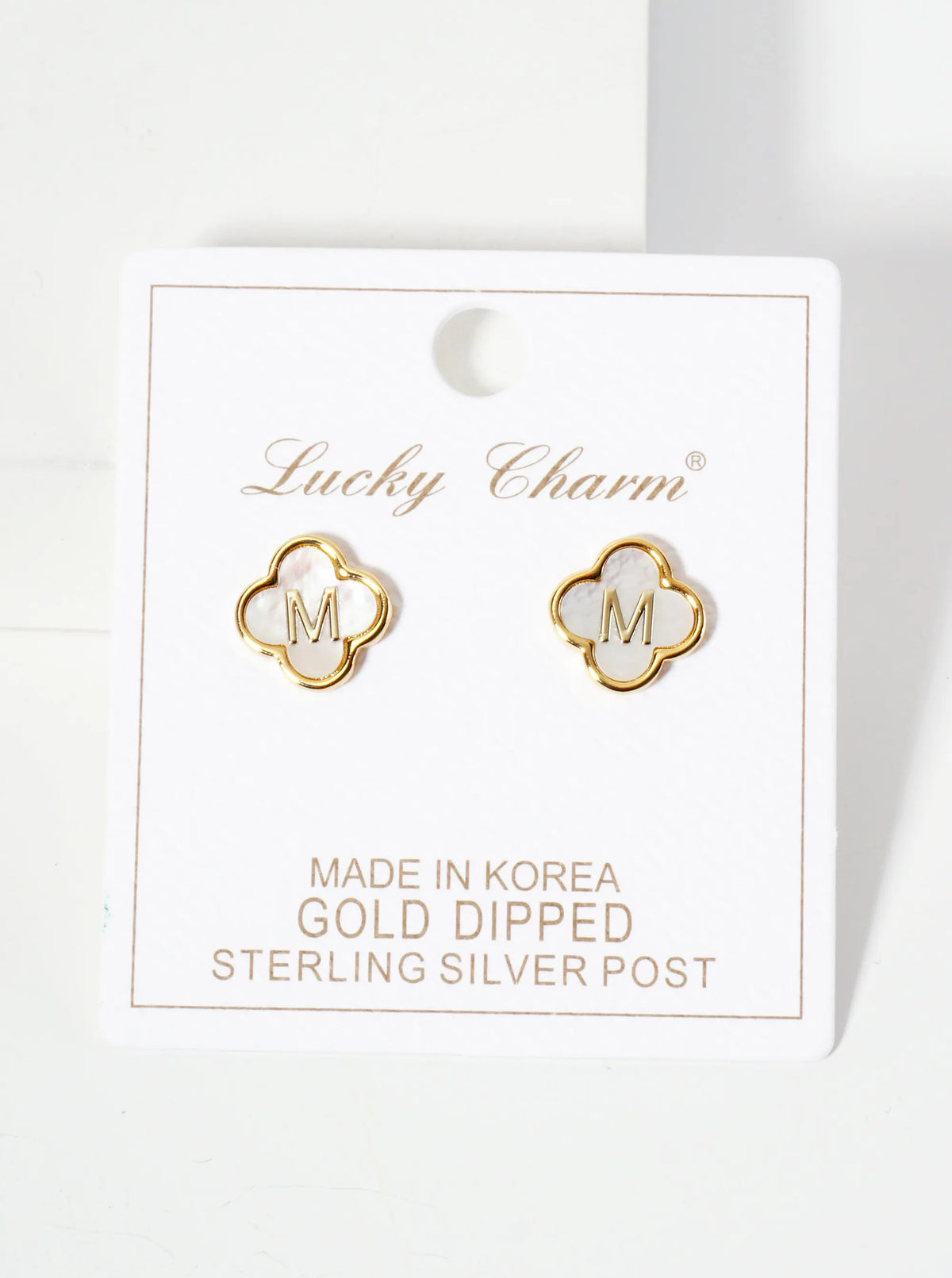 11mm 18K-Gold-Dipped Brass Mother-of-Pearl Quatrefoil Initial Monogram Stud Earrings