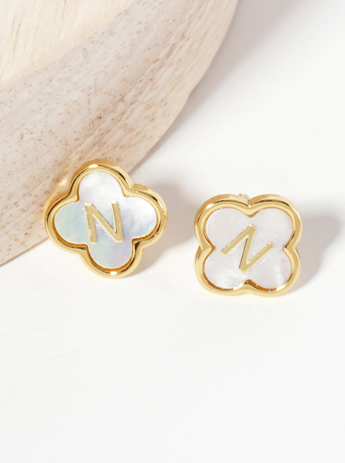 11mm 18K-Gold-Dipped Brass Mother-of-Pearl Quatrefoil Initial Monogram Stud Earrings