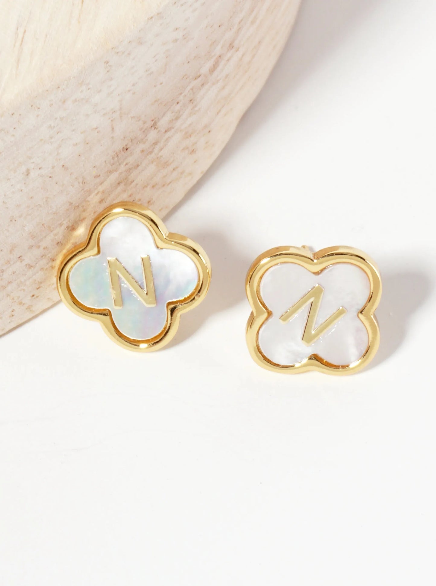 11mm 18K-Gold-Dipped Brass Mother-of-Pearl Quatrefoil Initial Monogram Stud Earrings