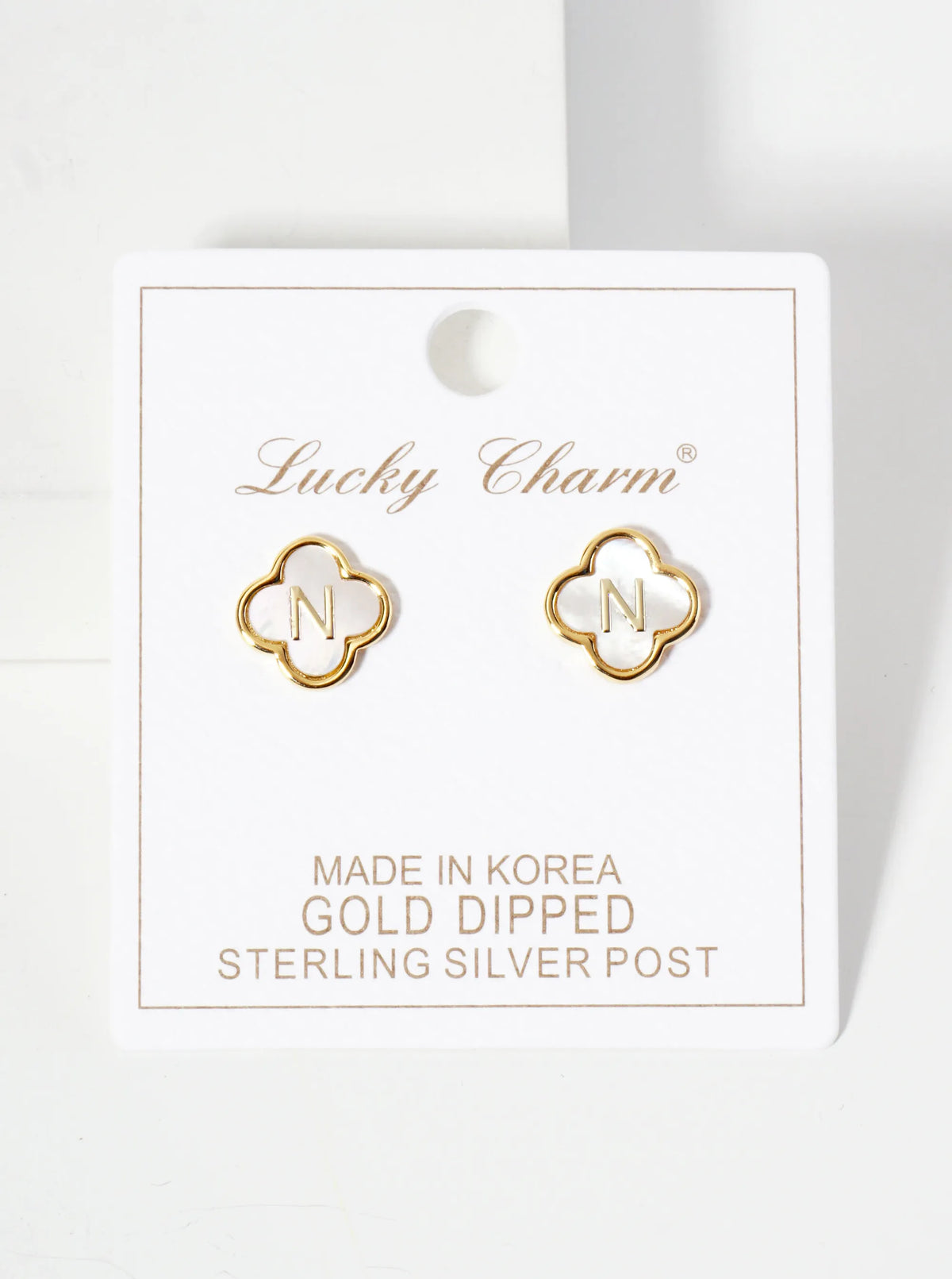11mm 18K-Gold-Dipped Brass Mother-of-Pearl Quatrefoil Initial Monogram Stud Earrings
