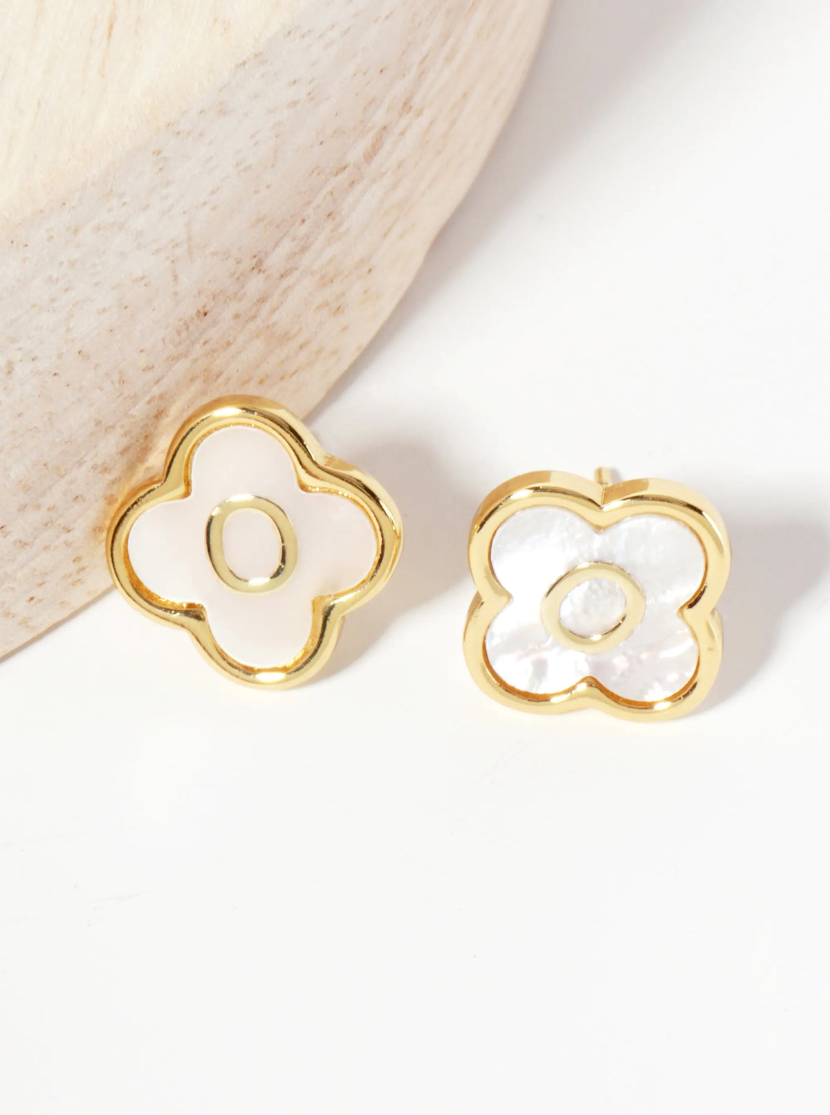 11mm 18K-Gold-Dipped Brass Mother-of-Pearl Quatrefoil Initial Monogram Stud Earrings