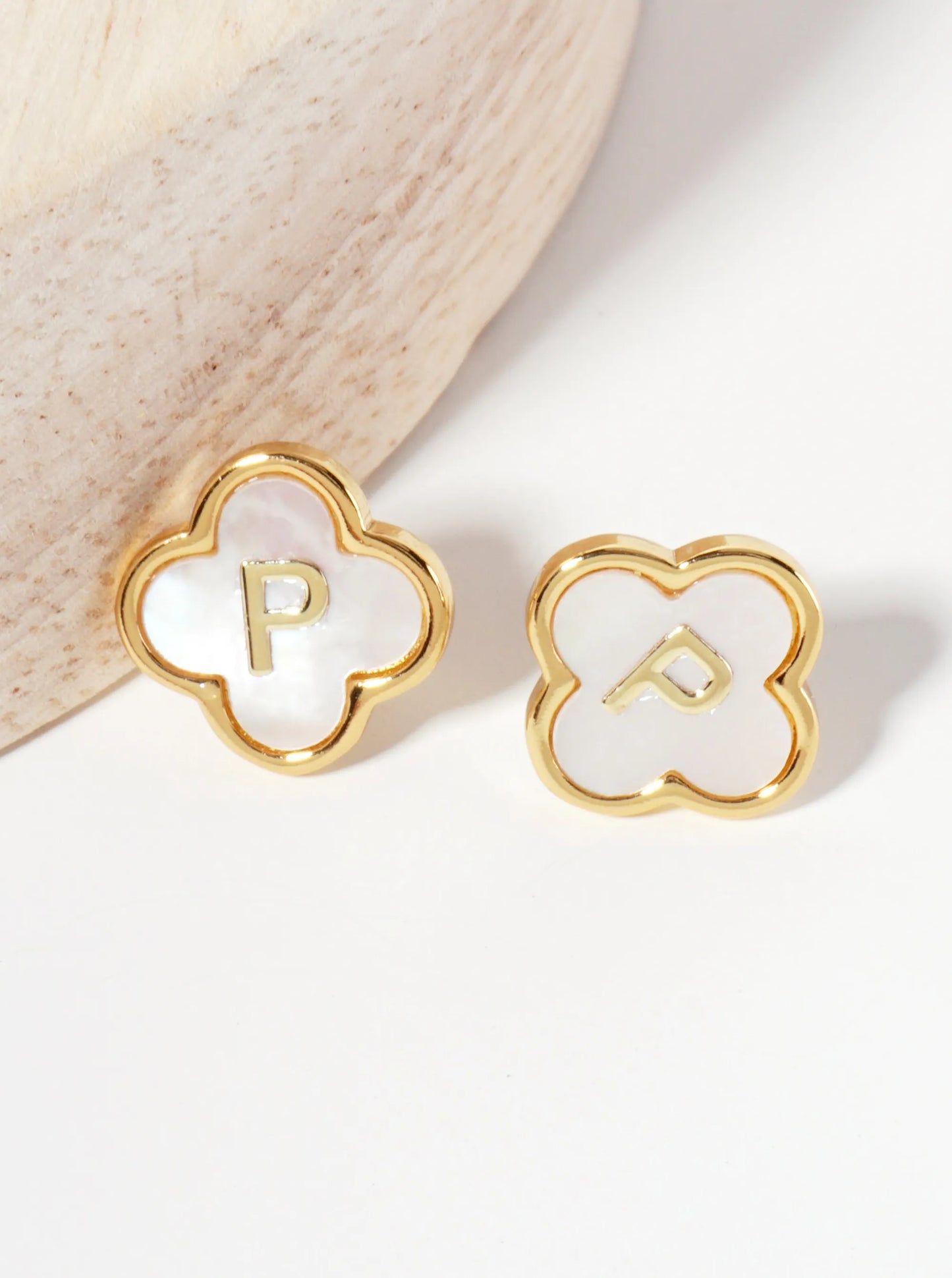 11mm 18K-Gold-Dipped Brass Mother-of-Pearl Quatrefoil Initial Monogram Stud Earrings