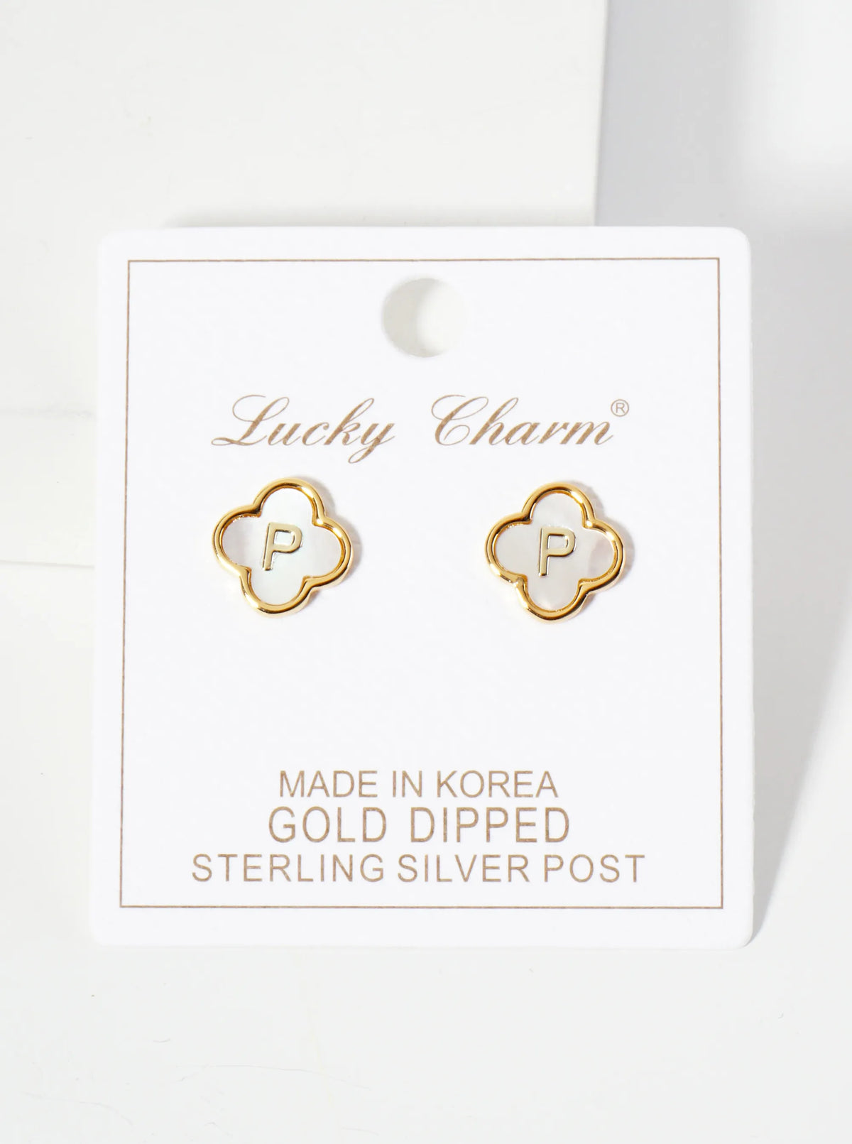 11mm 18K-Gold-Dipped Brass Mother-of-Pearl Quatrefoil Initial Monogram Stud Earrings