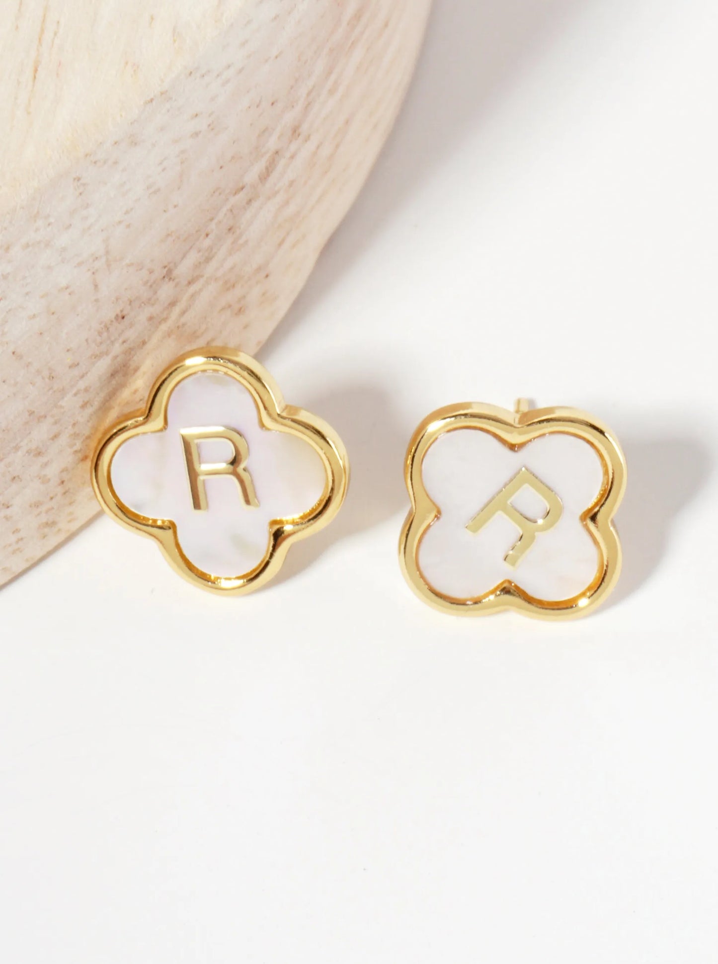 11mm 18K-Gold-Dipped Brass Mother-of-Pearl Quatrefoil Initial Monogram Stud Earrings