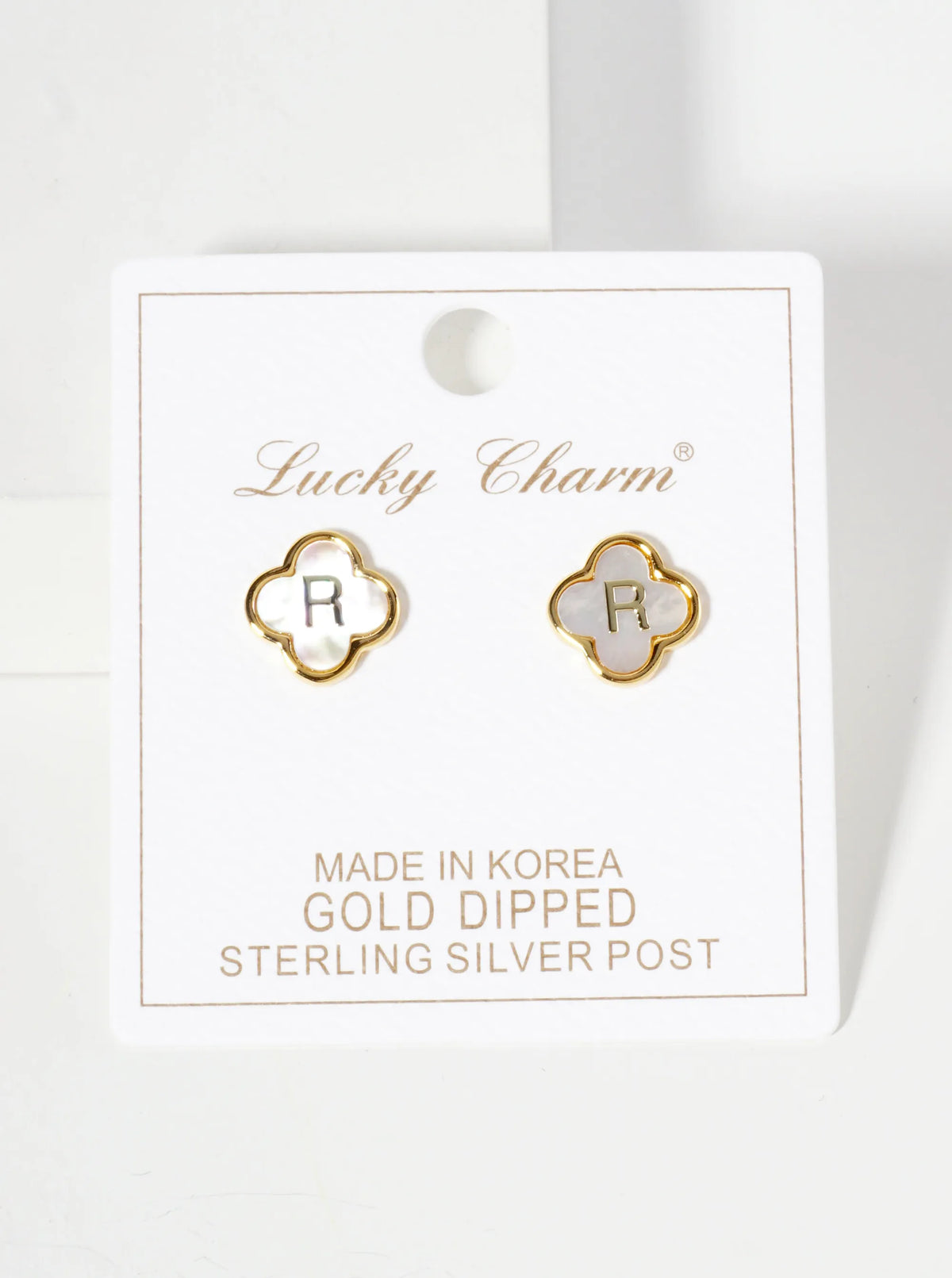 11mm 18K-Gold-Dipped Brass Mother-of-Pearl Quatrefoil Initial Monogram Stud Earrings