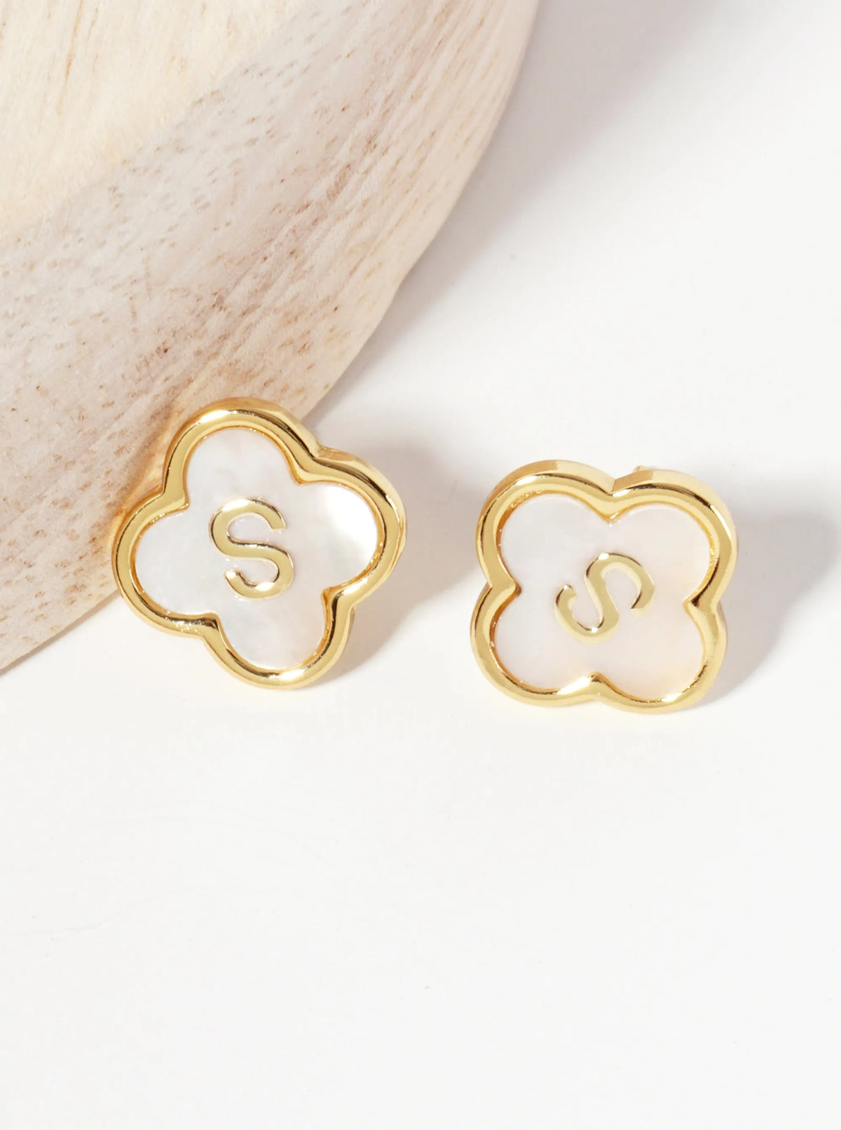 11mm 18K-Gold-Dipped Brass Mother-of-Pearl Quatrefoil Initial Monogram Stud Earrings