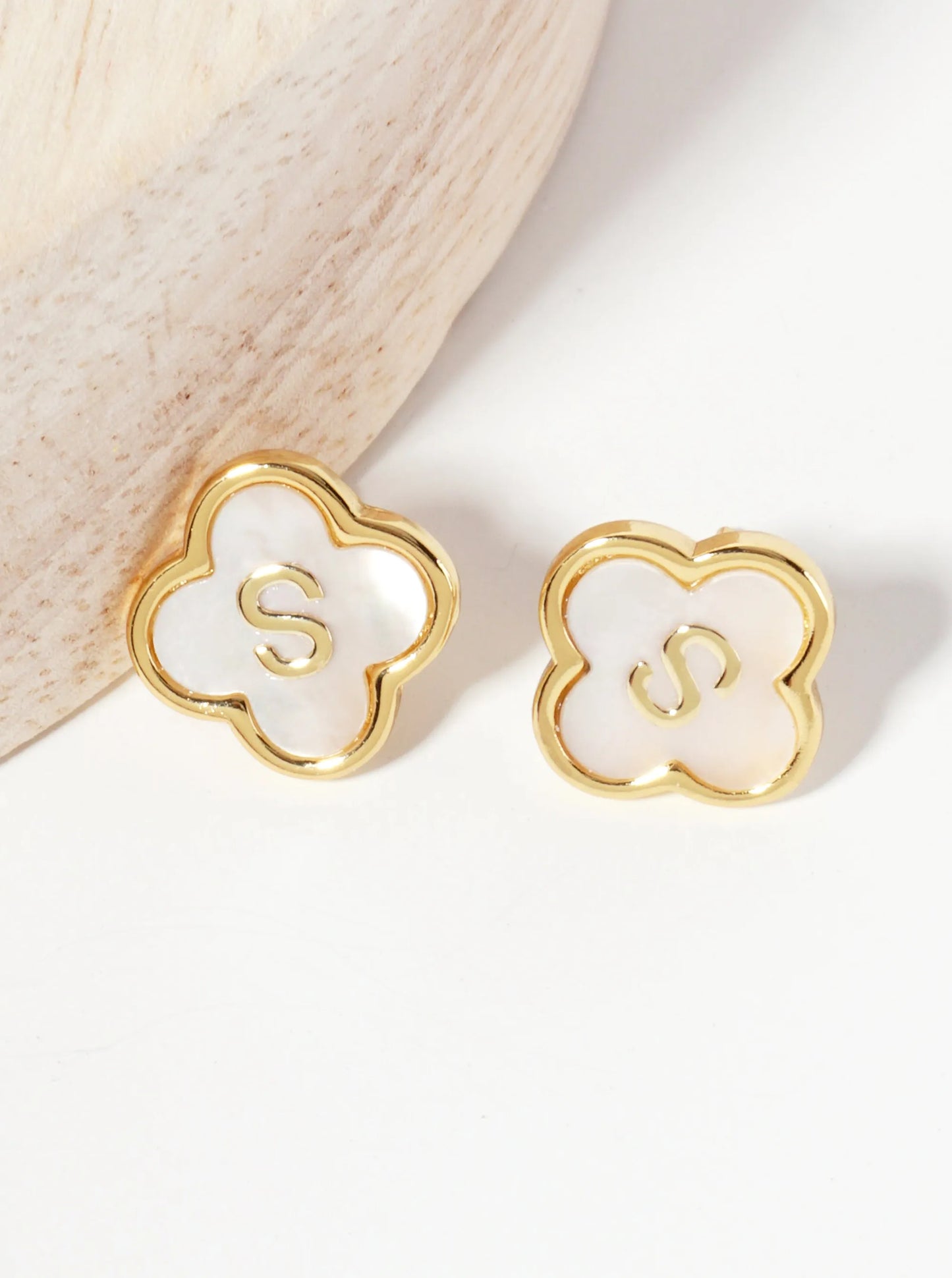 11mm 18K-Gold-Dipped Brass Mother-of-Pearl Quatrefoil Initial Monogram Stud Earrings