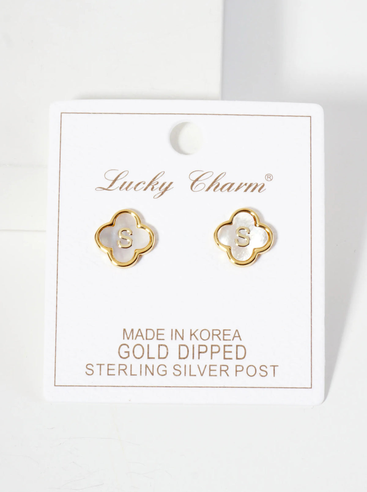 11mm 18K-Gold-Dipped Brass Mother-of-Pearl Quatrefoil Initial Monogram Stud Earrings