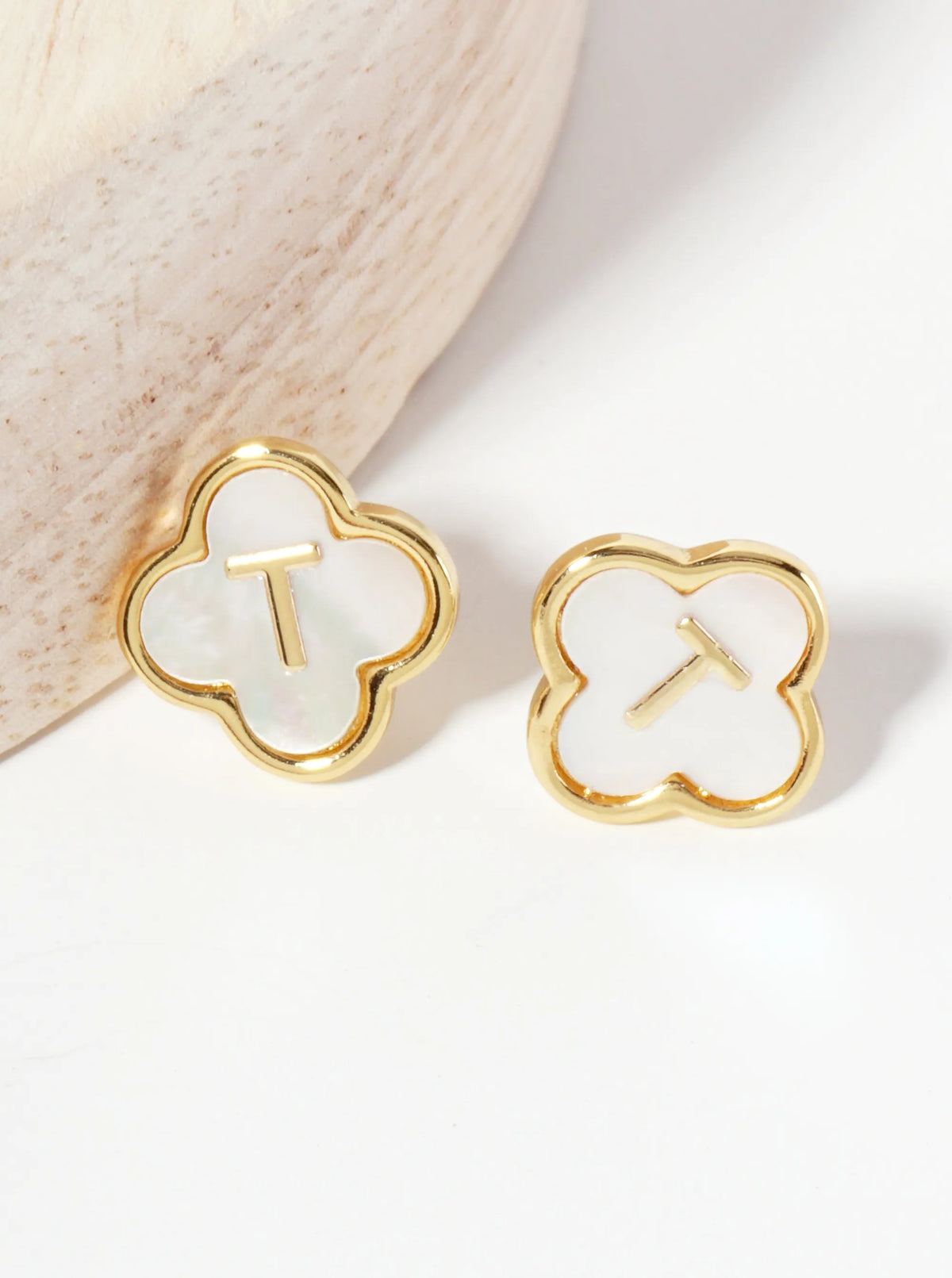 11mm 18K-Gold-Dipped Brass Mother-of-Pearl Quatrefoil Initial Monogram Stud Earrings
