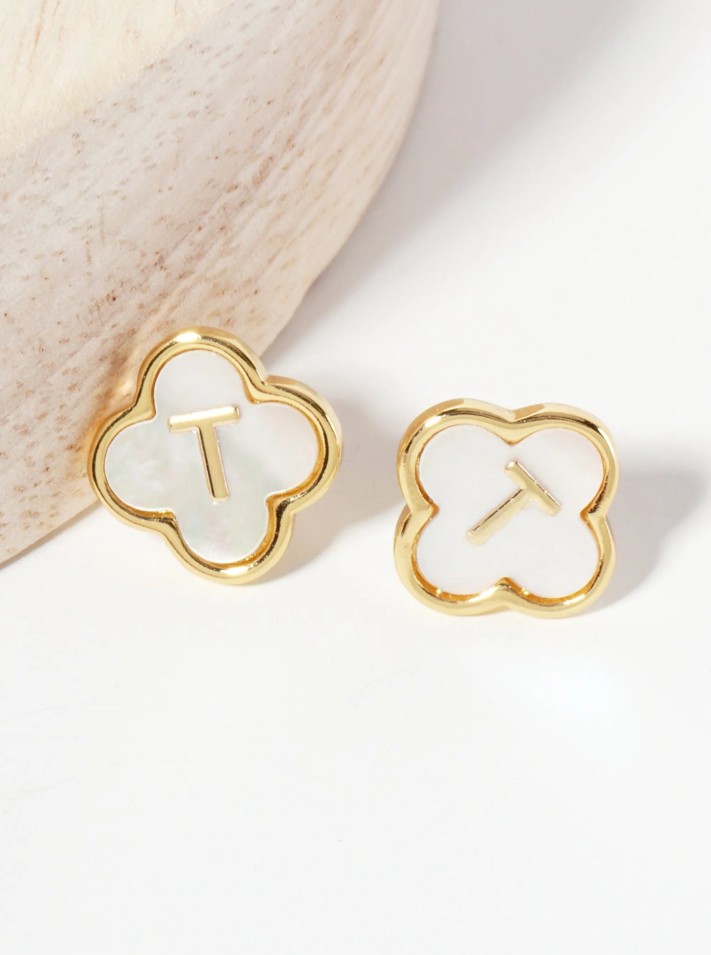 11mm 18K-Gold-Dipped Brass Mother-of-Pearl Quatrefoil Initial Monogram Stud Earrings