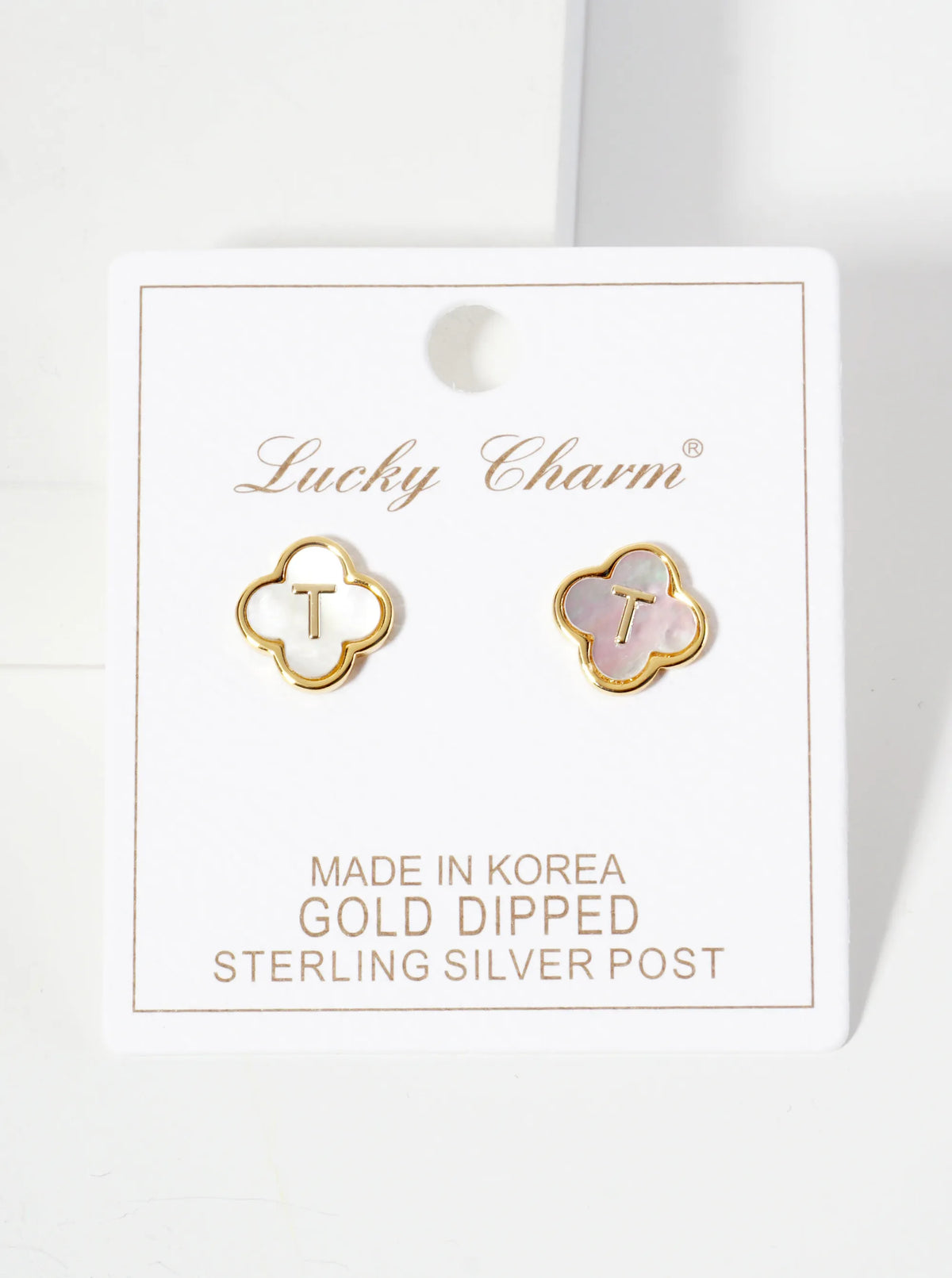 11mm 18K-Gold-Dipped Brass Mother-of-Pearl Quatrefoil Initial Monogram Stud Earrings