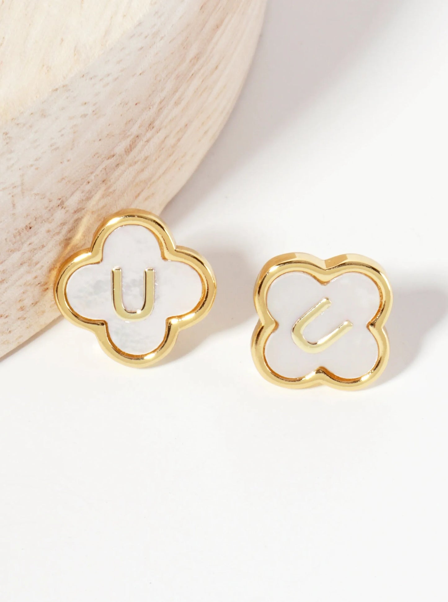 11mm 18K-Gold-Dipped Brass Mother-of-Pearl Quatrefoil Initial Monogram Stud Earrings