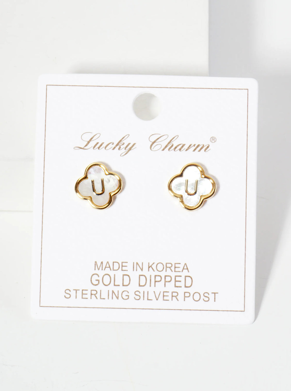 11mm 18K-Gold-Dipped Brass Mother-of-Pearl Quatrefoil Initial Monogram Stud Earrings