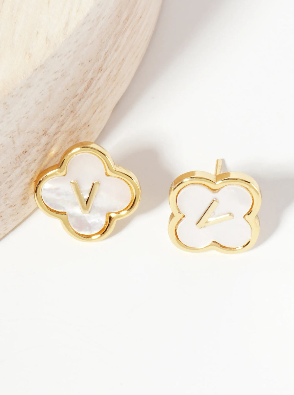 11mm 18K-Gold-Dipped Brass Mother-of-Pearl Quatrefoil Initial Monogram Stud Earrings
