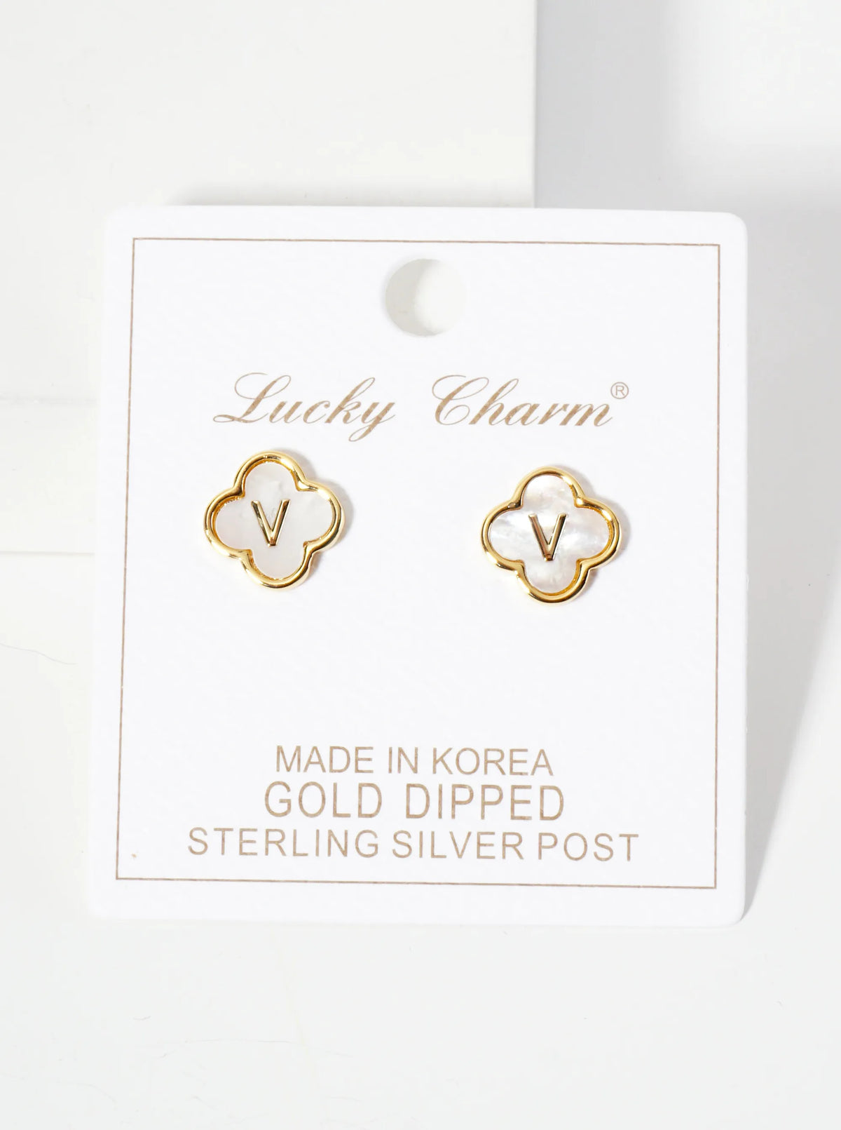 11mm 18K-Gold-Dipped Brass Mother-of-Pearl Quatrefoil Initial Monogram Stud Earrings