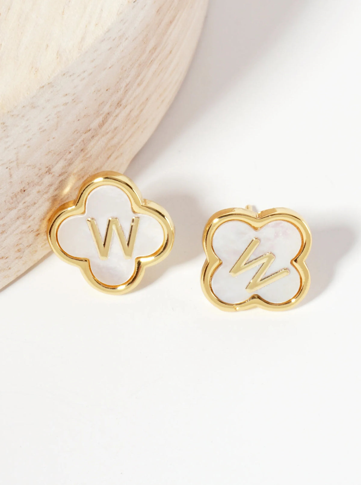 11mm 18K-Gold-Dipped Brass Mother-of-Pearl Quatrefoil Initial Monogram Stud Earrings