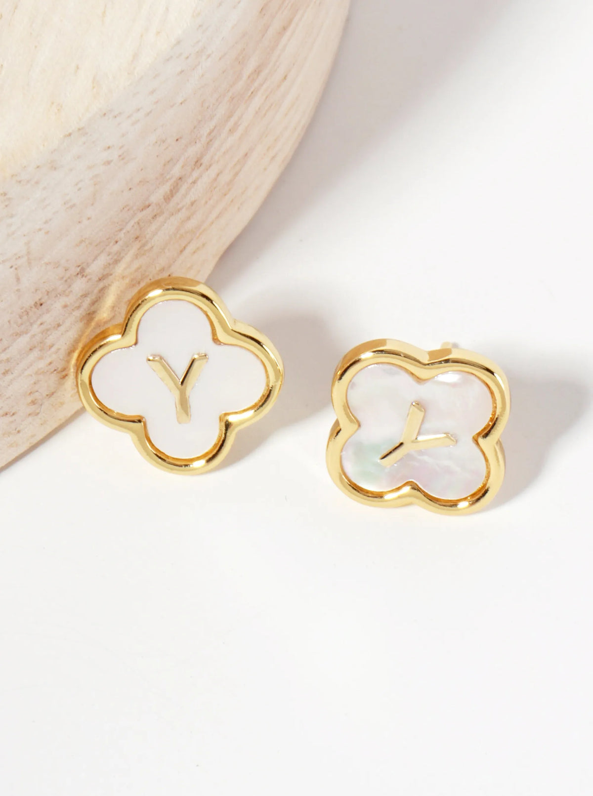 11mm 18K-Gold-Dipped Brass Mother-of-Pearl Quatrefoil Initial Monogram Stud Earrings