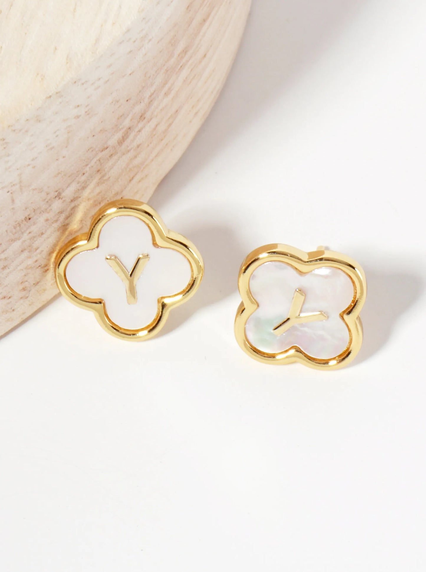 11mm 18K-Gold-Dipped Brass Mother-of-Pearl Quatrefoil Initial Monogram Stud Earrings
