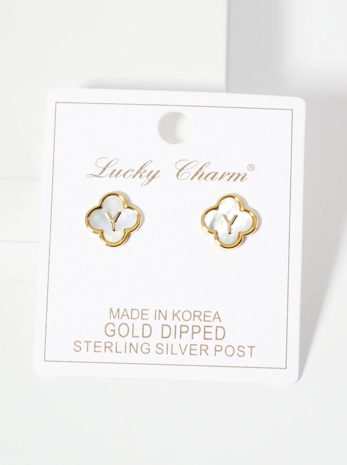 11mm 18K-Gold-Dipped Brass Mother-of-Pearl Quatrefoil Initial Monogram Stud Earrings