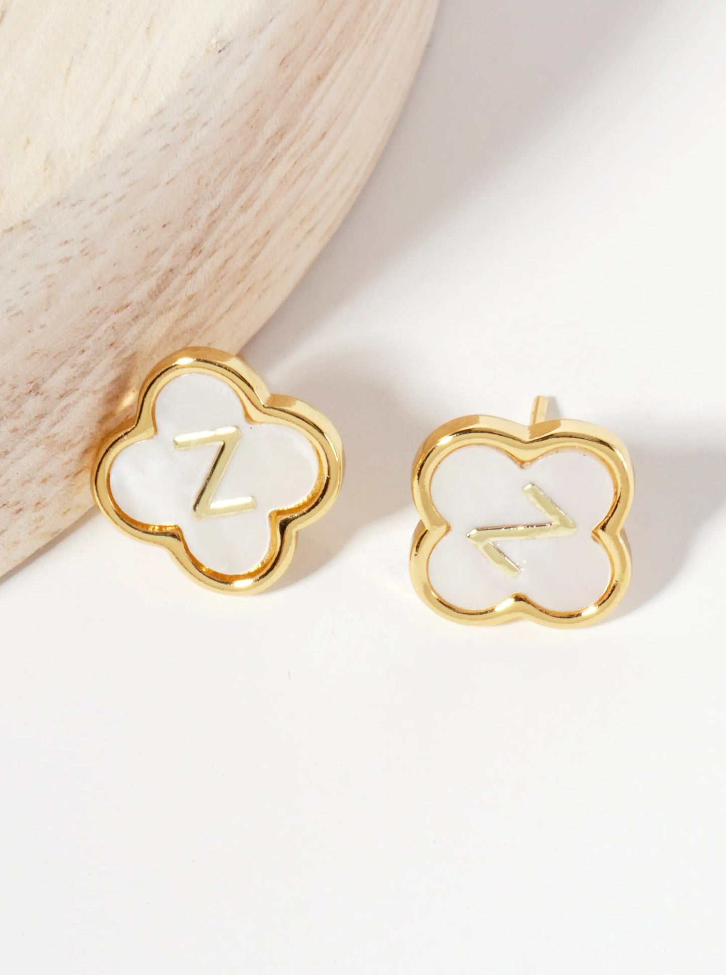 11mm 18K-Gold-Dipped Brass Mother-of-Pearl Quatrefoil Initial Monogram Stud Earrings