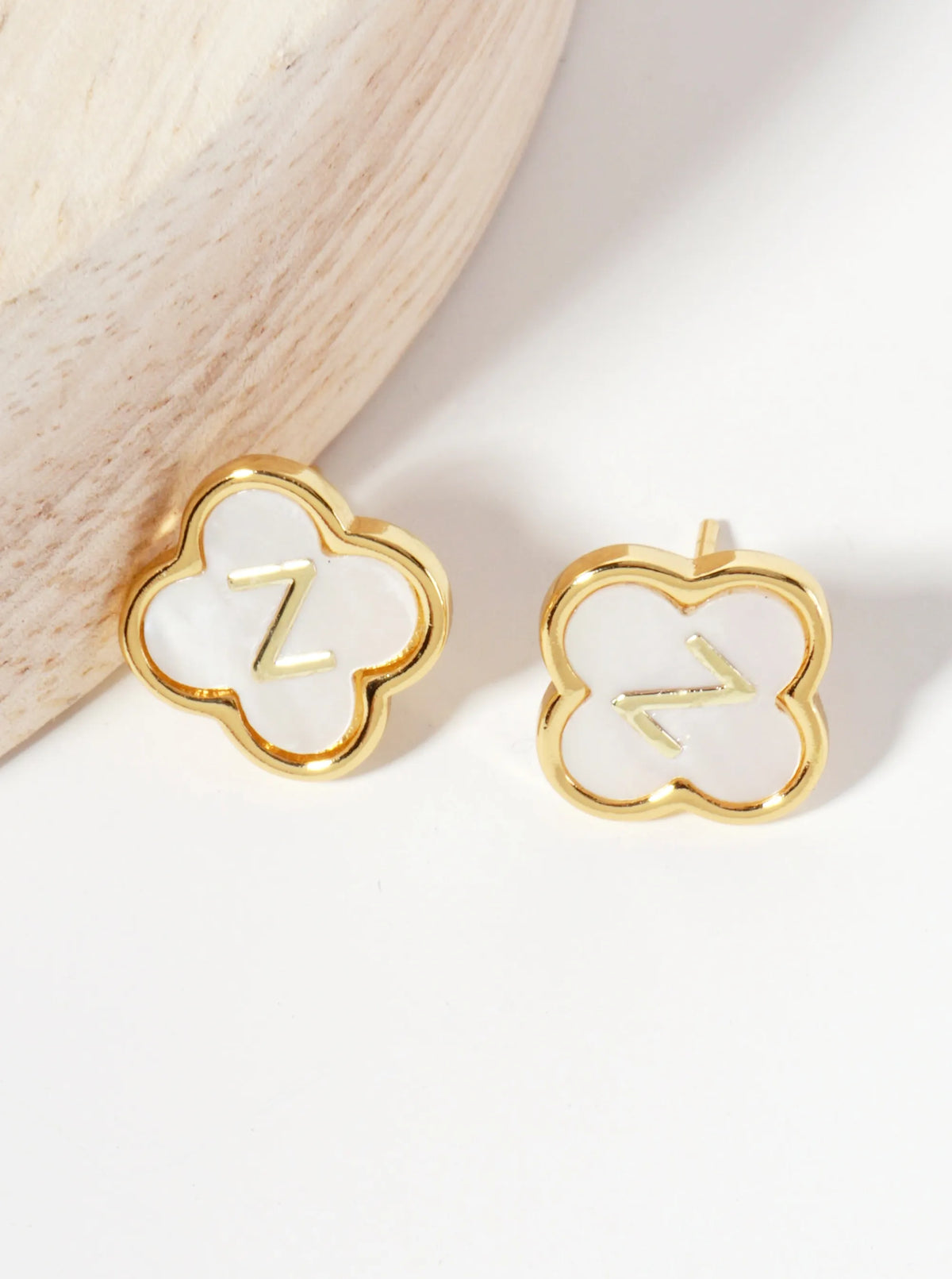 11mm 18K-Gold-Dipped Brass Mother-of-Pearl Quatrefoil Initial Monogram Stud Earrings